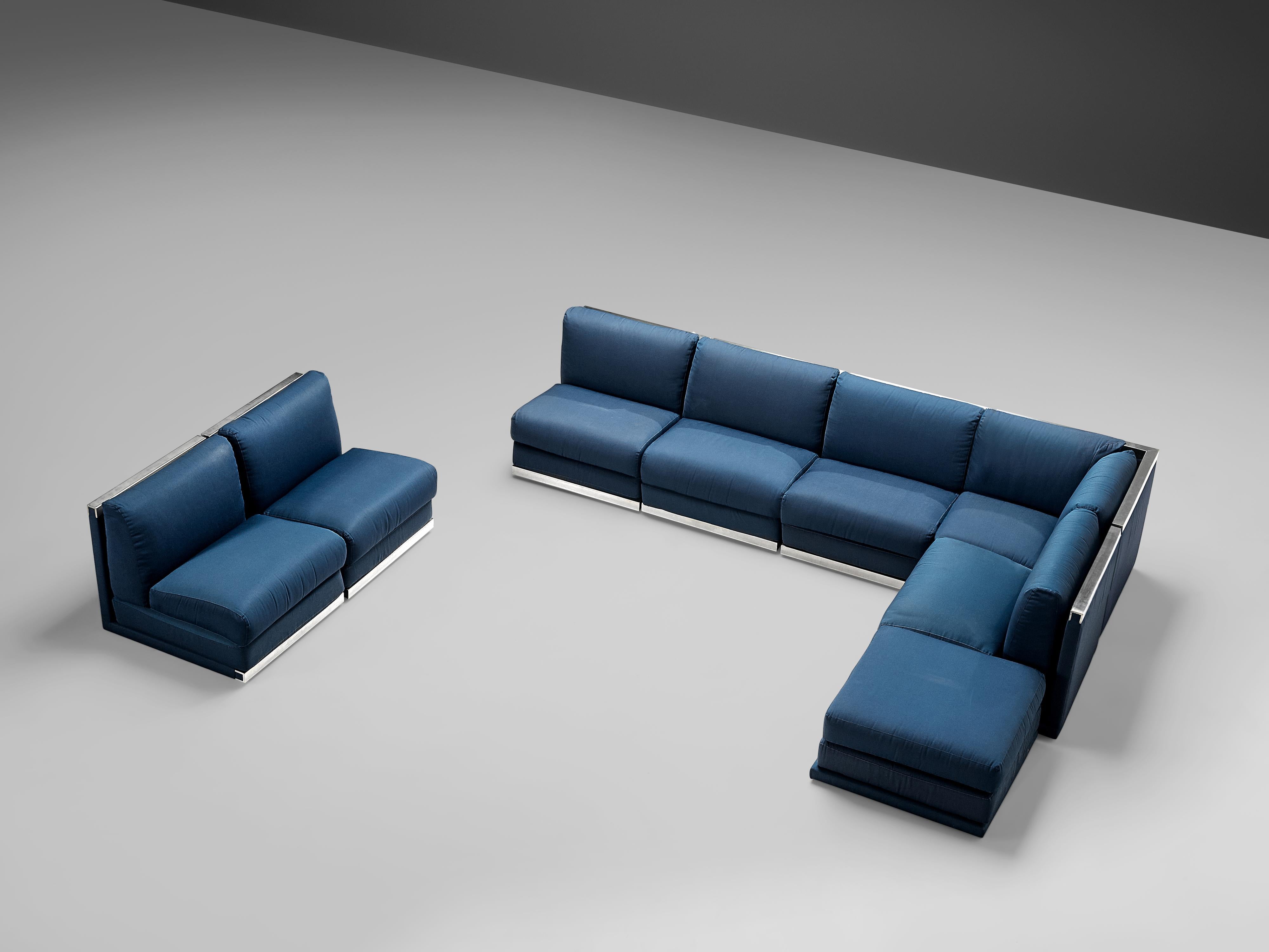 Large Postmodern Sectional Sofa in Blue Upholstery and Aluminum 1