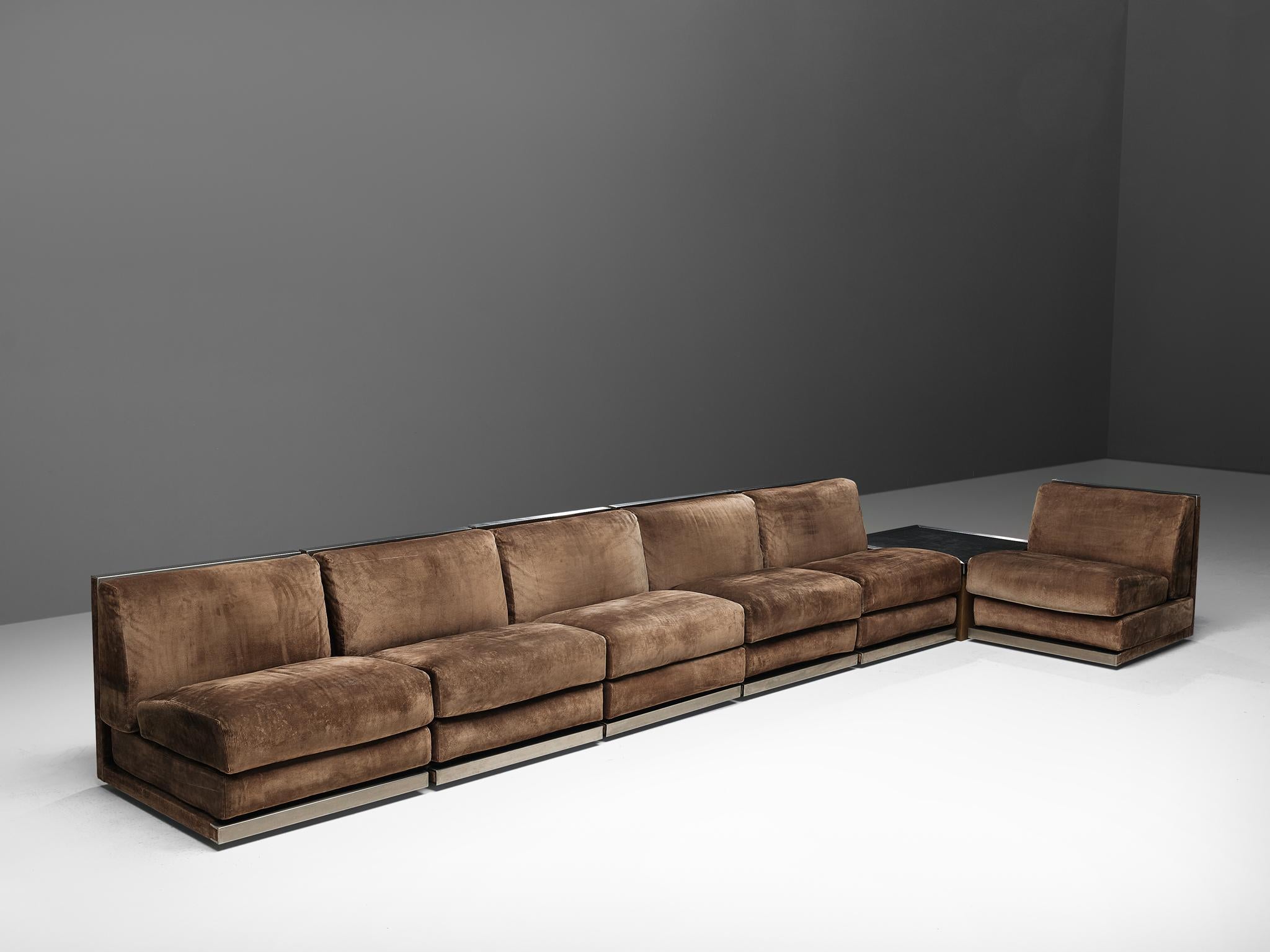 Large Postmodern Sectional Sofa in Suede and Steel 2
