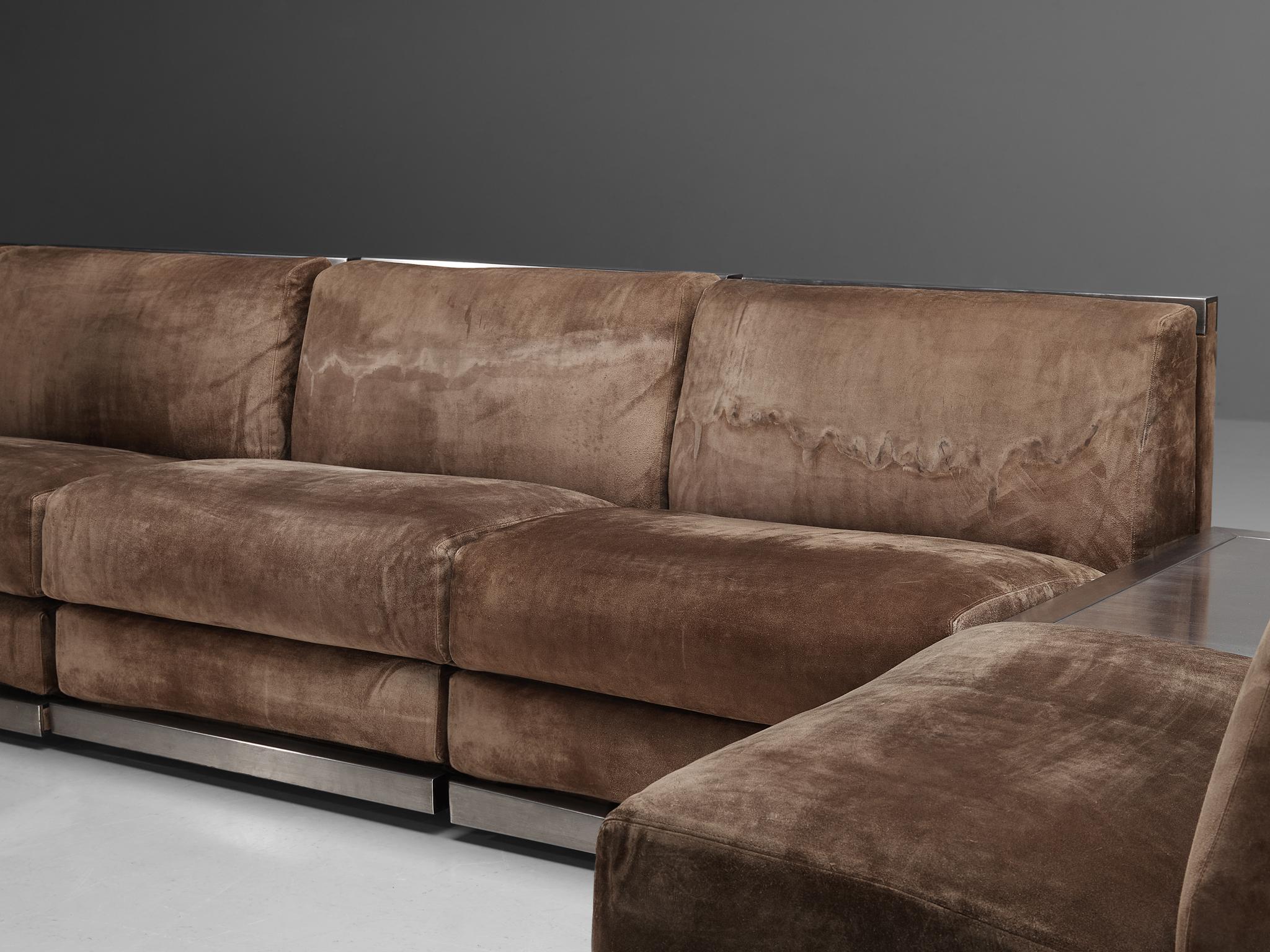 Large Postmodern Sectional Sofa in Suede and Steel 4