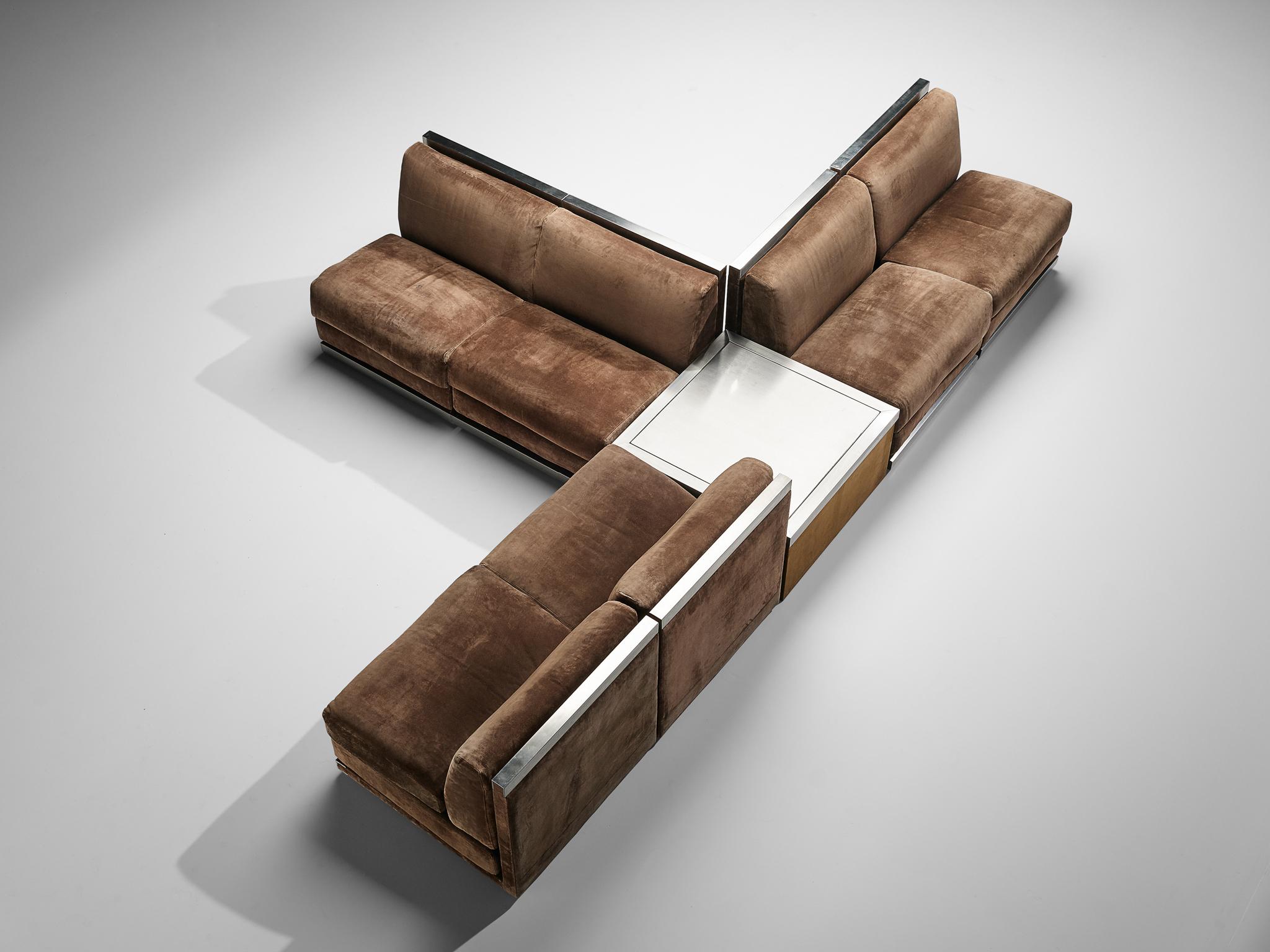 Sectional sofa, brown suede upholstery, brushed steel, Italy, 1970s

Large Postmodern modular sofa, consisting of six straight seating elements and a side table. A perfect piece to place in a large room as it can be positioned to your own liking.