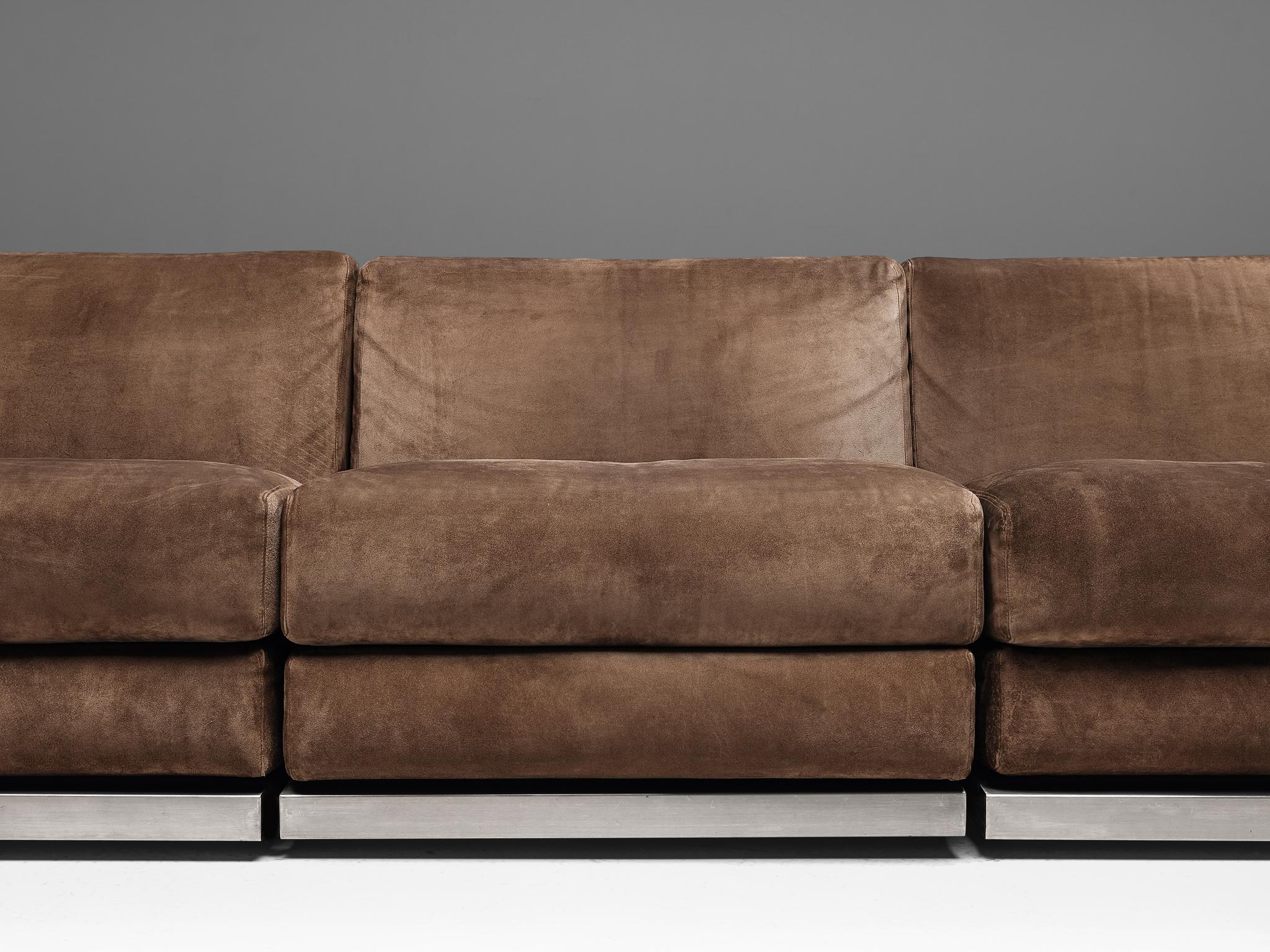 Large Postmodern Sectional Sofa in Suede and Steel 1