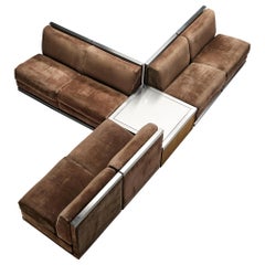 Large Postmodern Sectional Sofa in Suede and Steel