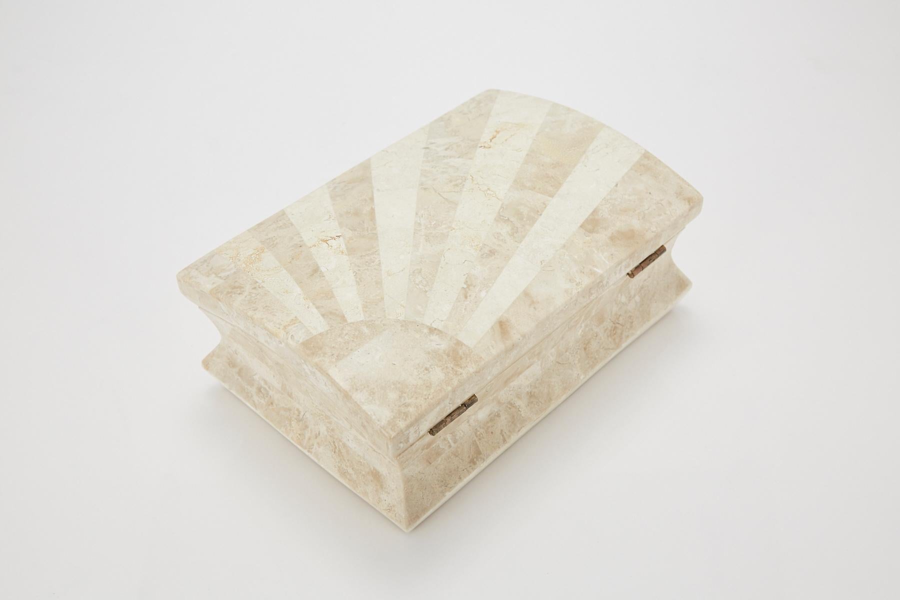 Large Postmodern Two-Tone Tessellated Stone Starburst Hinged Box, 1990s In Excellent Condition In Los Angeles, CA