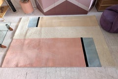 Grande tappeto geometrico intagliato postmoderno vintage rosa, blu e crema, anni '80, americano