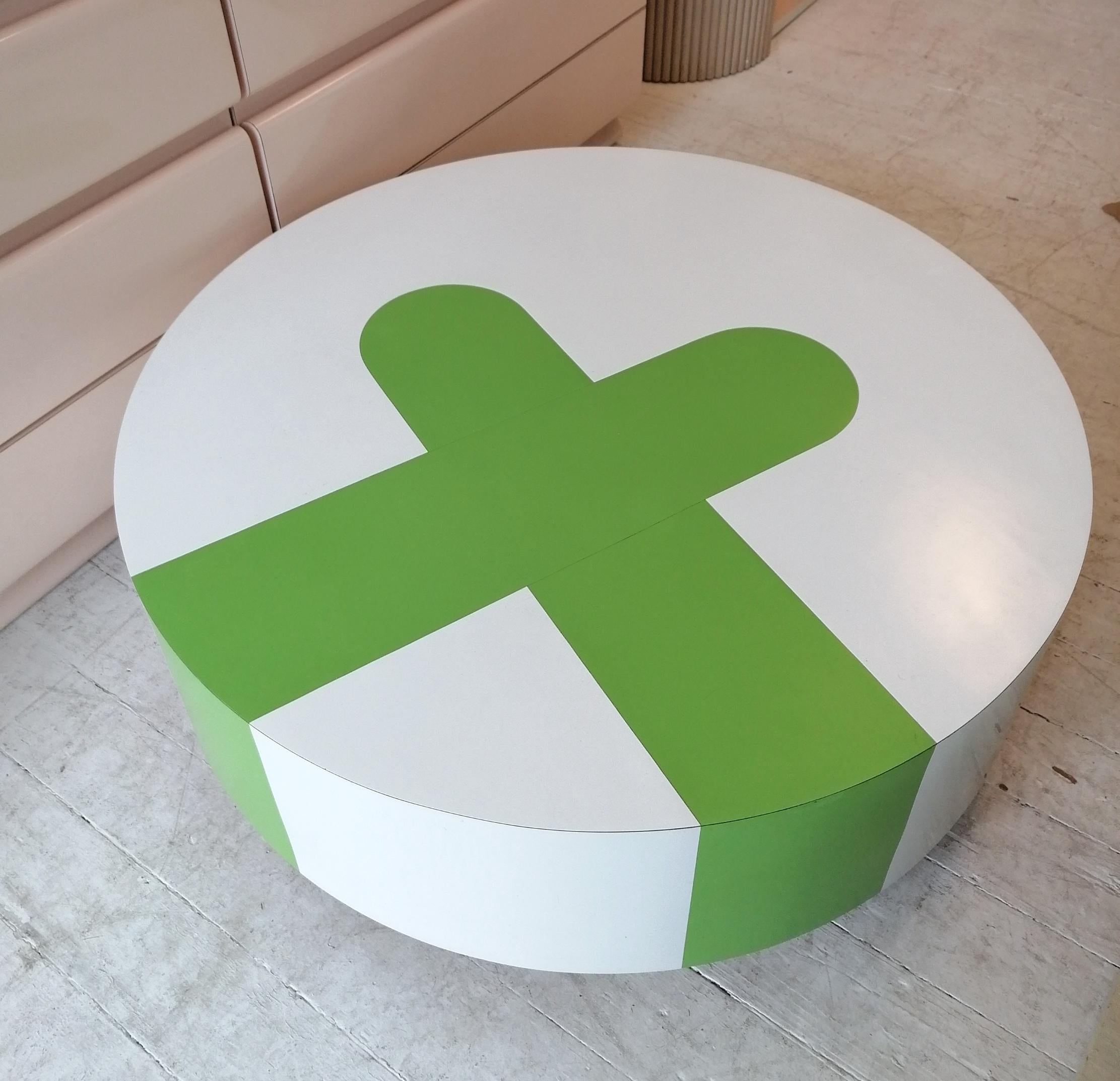 Late 20th Century Large Postmodern White & Green Laminate Coffee Table on Casters, USA 1980s 1990s
