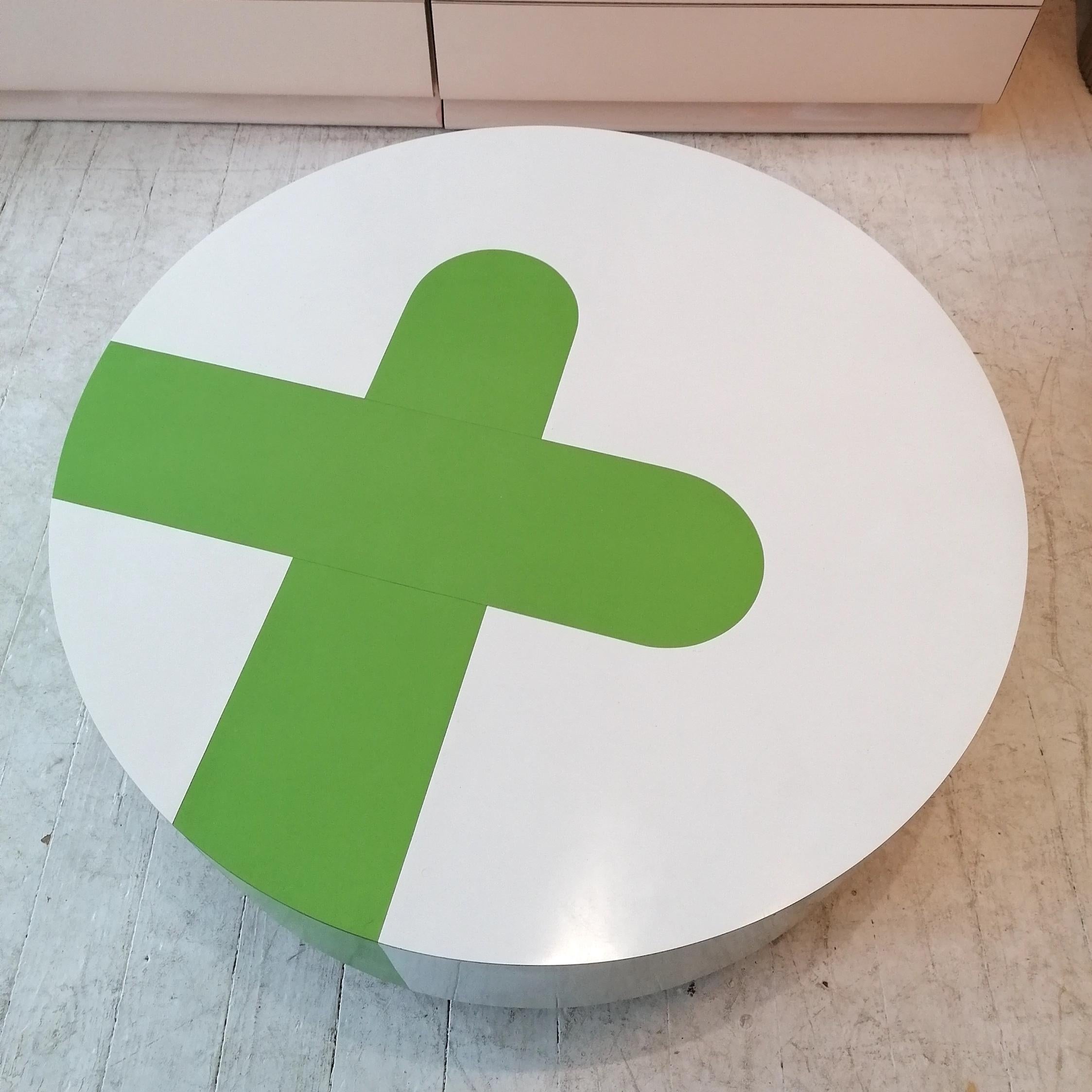 Large Postmodern White & Green Laminate Coffee Table on Casters, USA 1980s 1990s 2