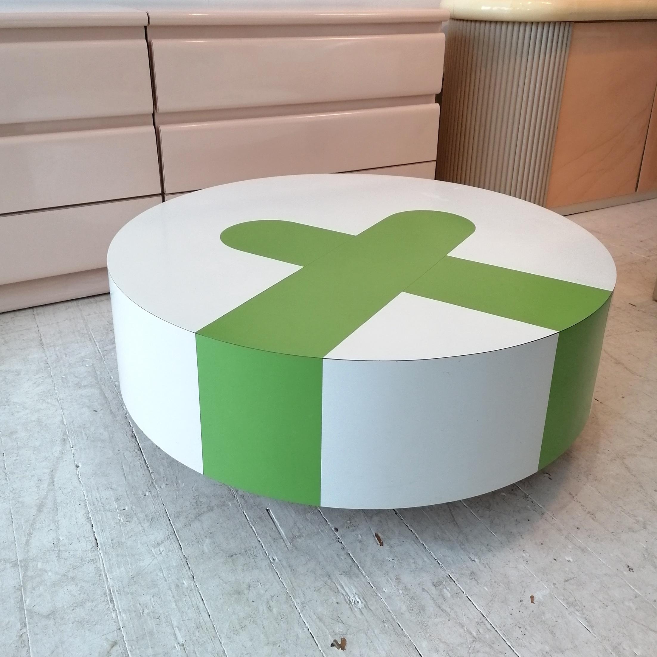 Large Postmodern White & Green Laminate Coffee Table on Casters, USA 1980s 1990s 3
