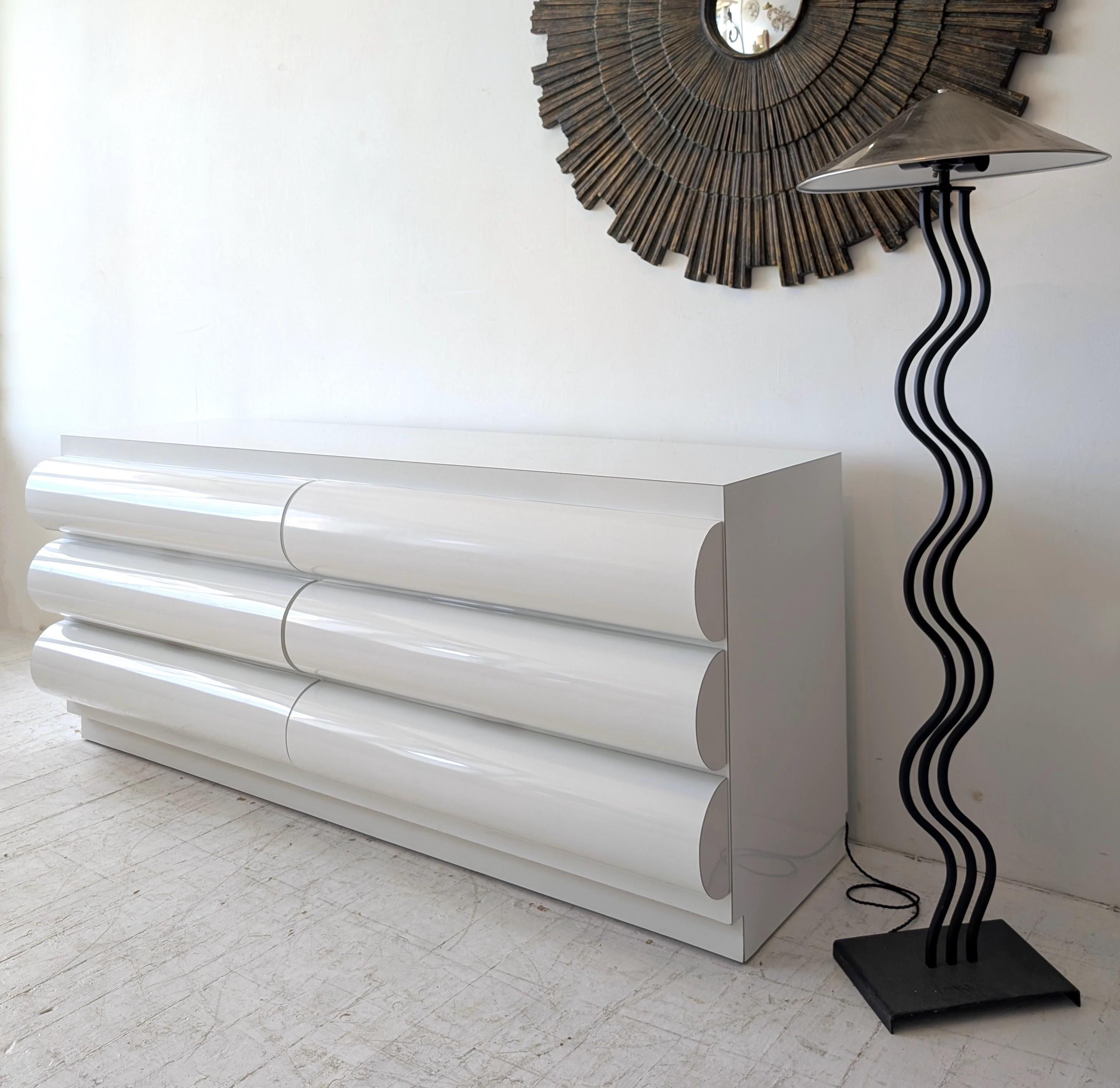 Large postmodern white laminate bullnose sideboard with drawers: ONE available For Sale 7