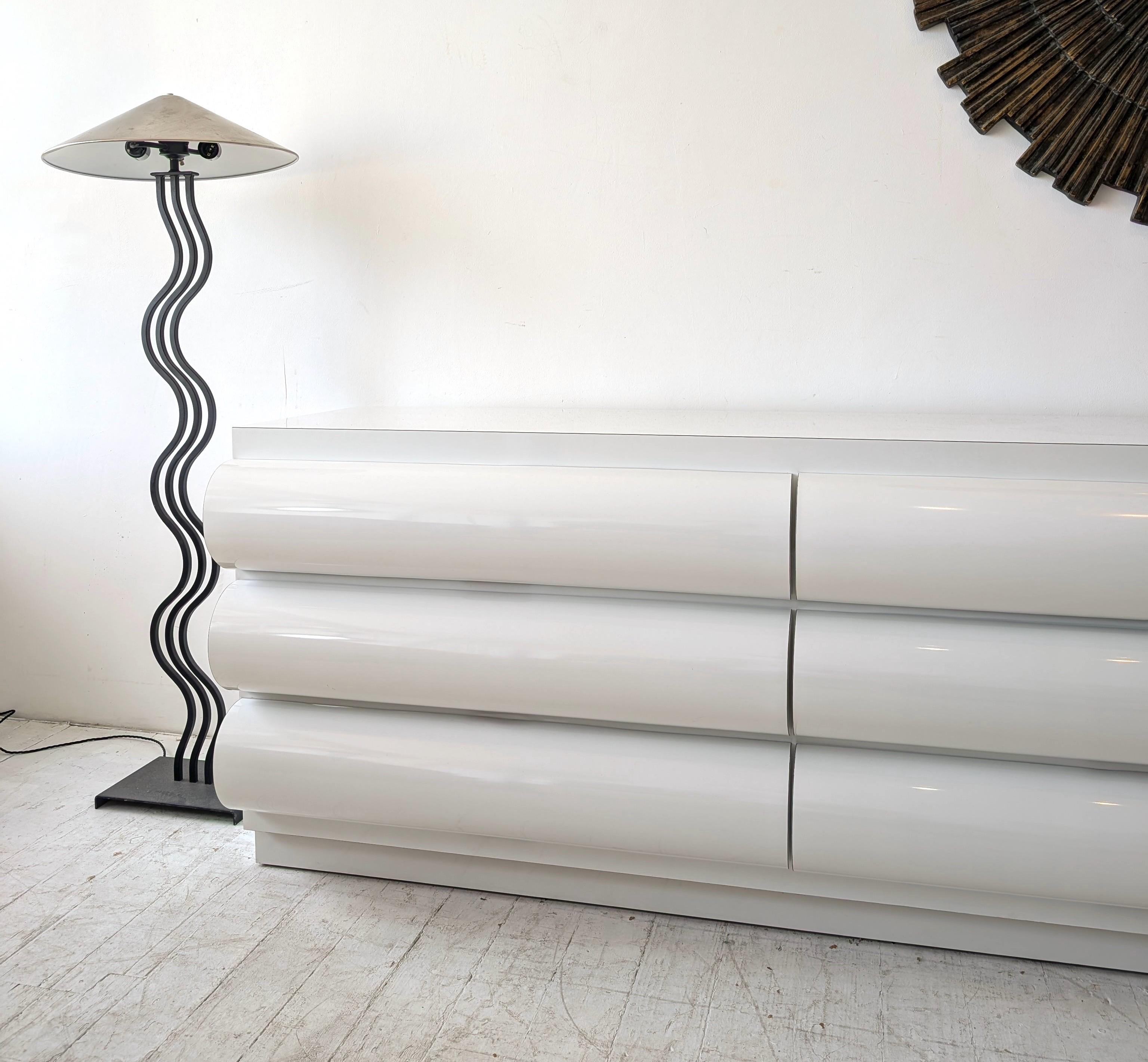 Large postmodern white laminate bullnose sideboard with drawers: ONE available For Sale 12