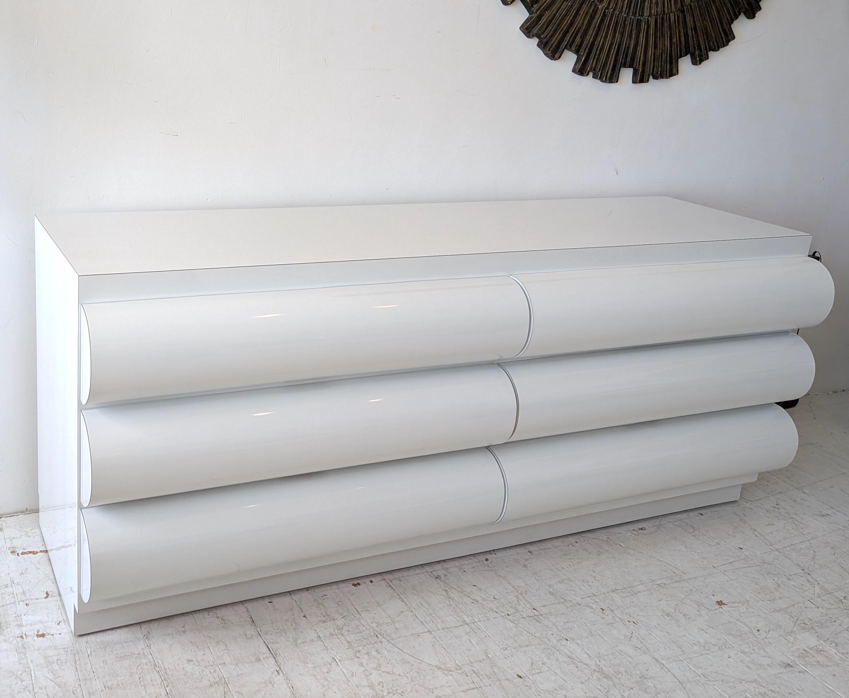 Large postmodern white laminate bullnose sideboard with drawers: ONE available For Sale 2