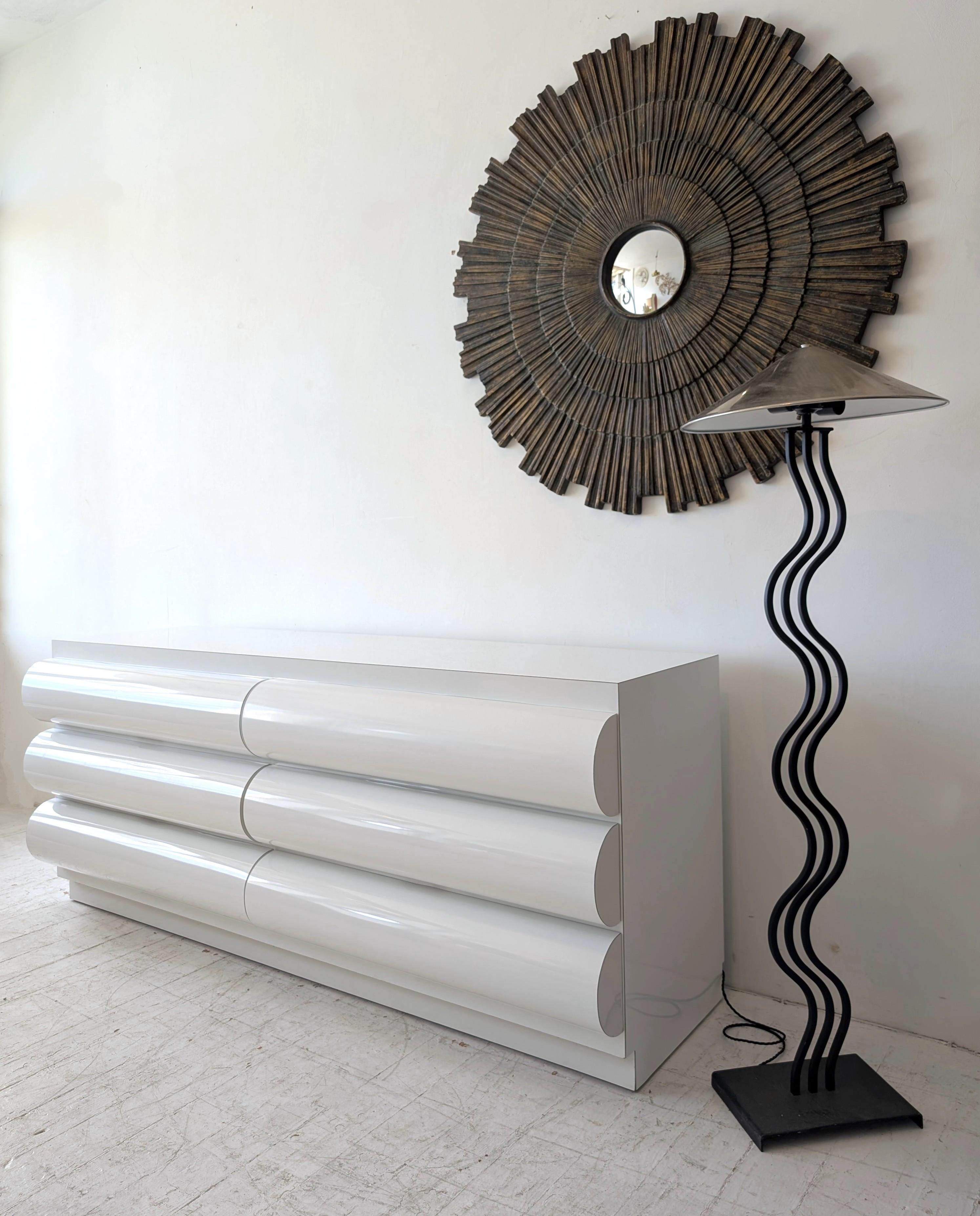 Large postmodern white laminate bullnose sideboard with drawers: only ONE available now. Each has six large drawers. 1980s American. This listing is for ONE.
Super hard to find these- we have no others.
Very good vintage condition- just a few really
