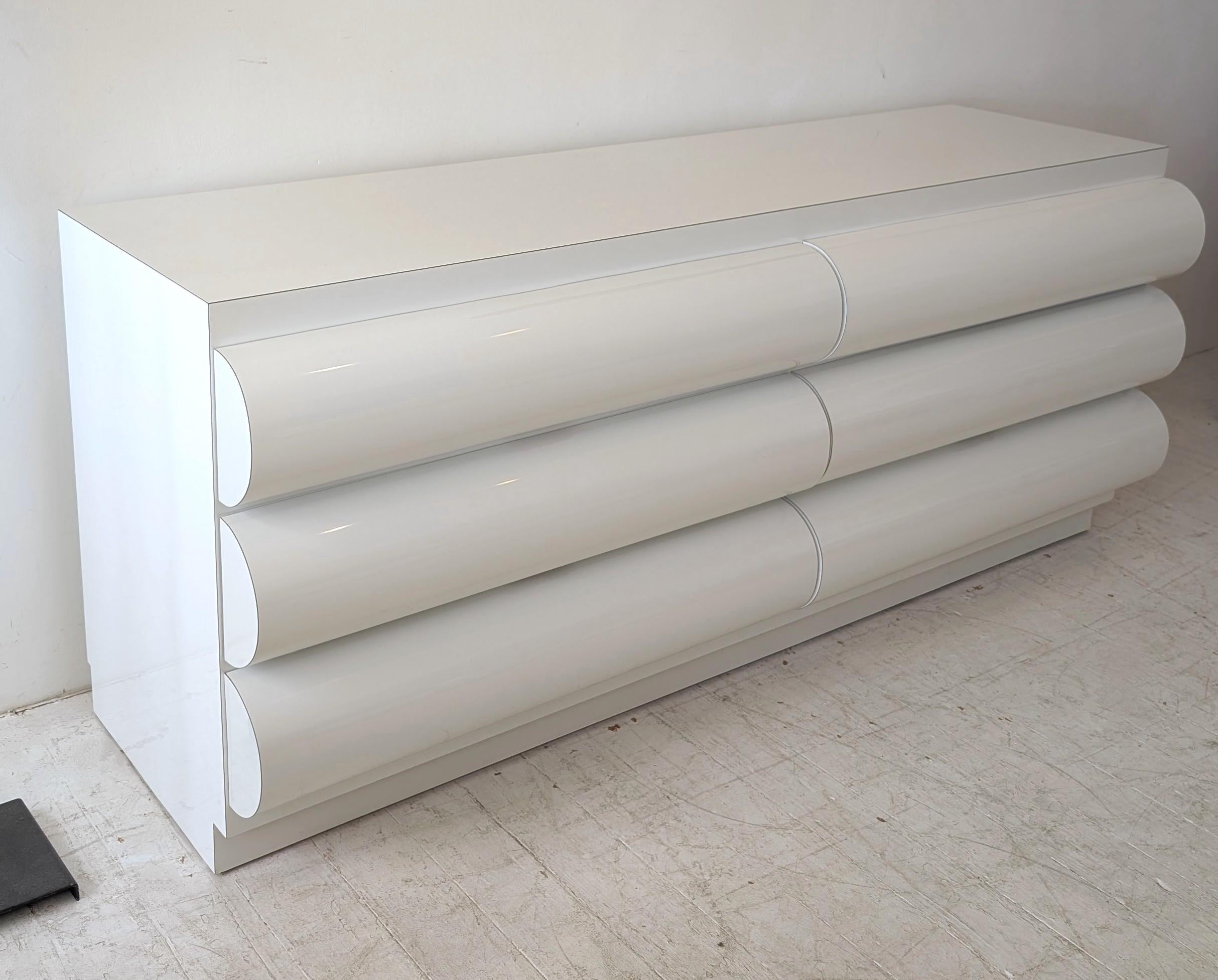 Large postmodern white laminate bullnose sideboard with drawers: ONE available For Sale 13