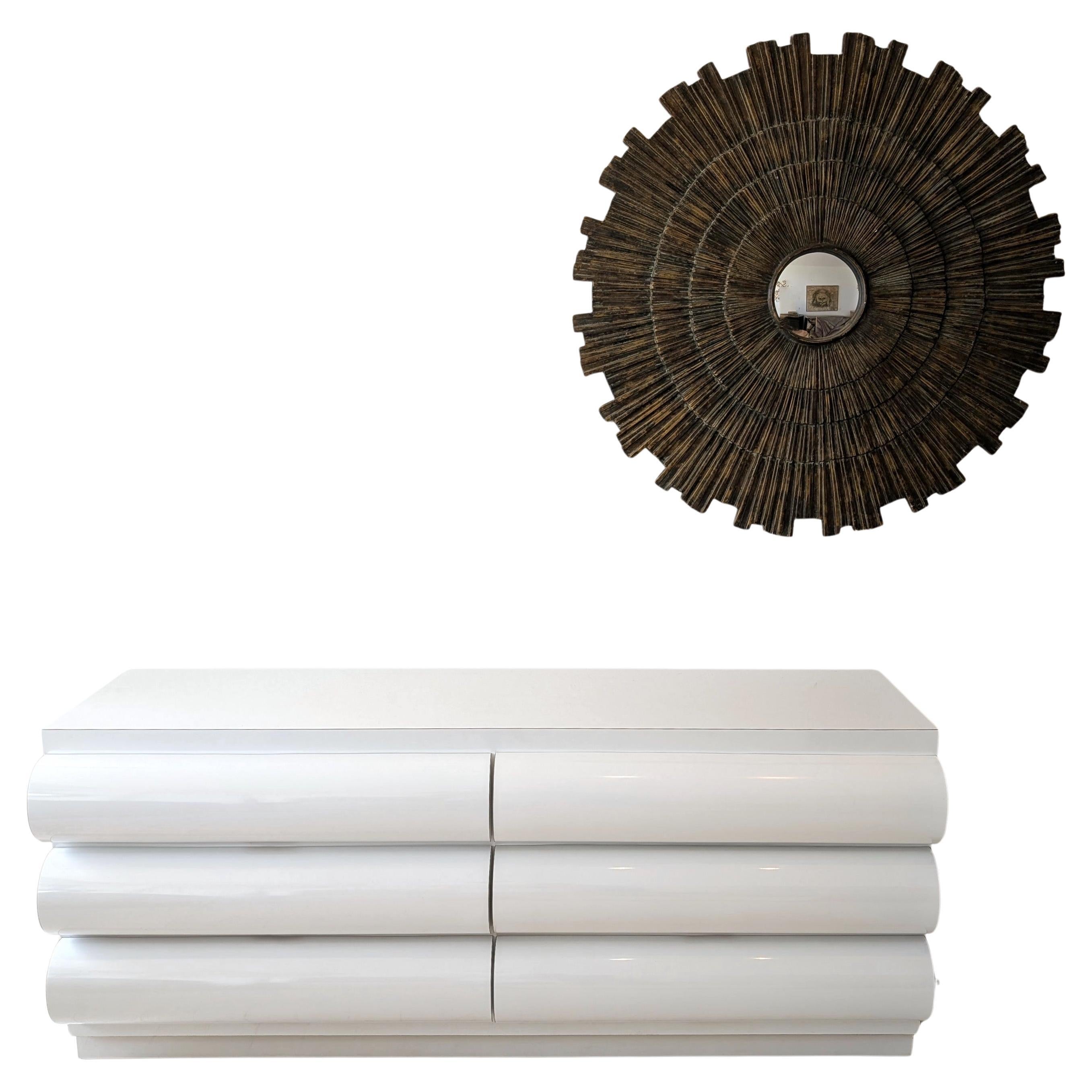 American Large postmodern white laminate bullnose sideboard with drawers: ONE available For Sale