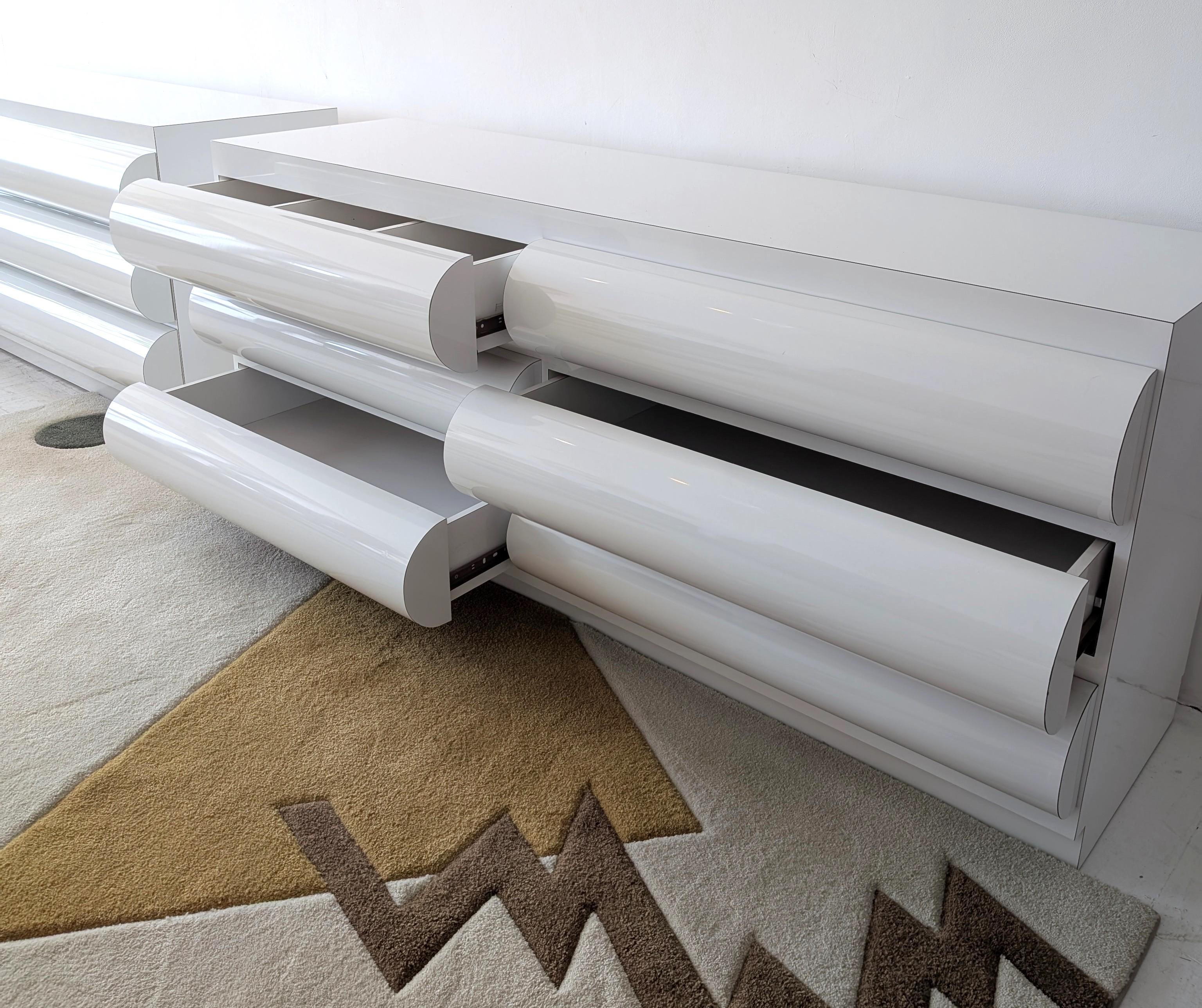 Large postmodern white laminate bullnose sideboard with drawers: ONE available For Sale 5