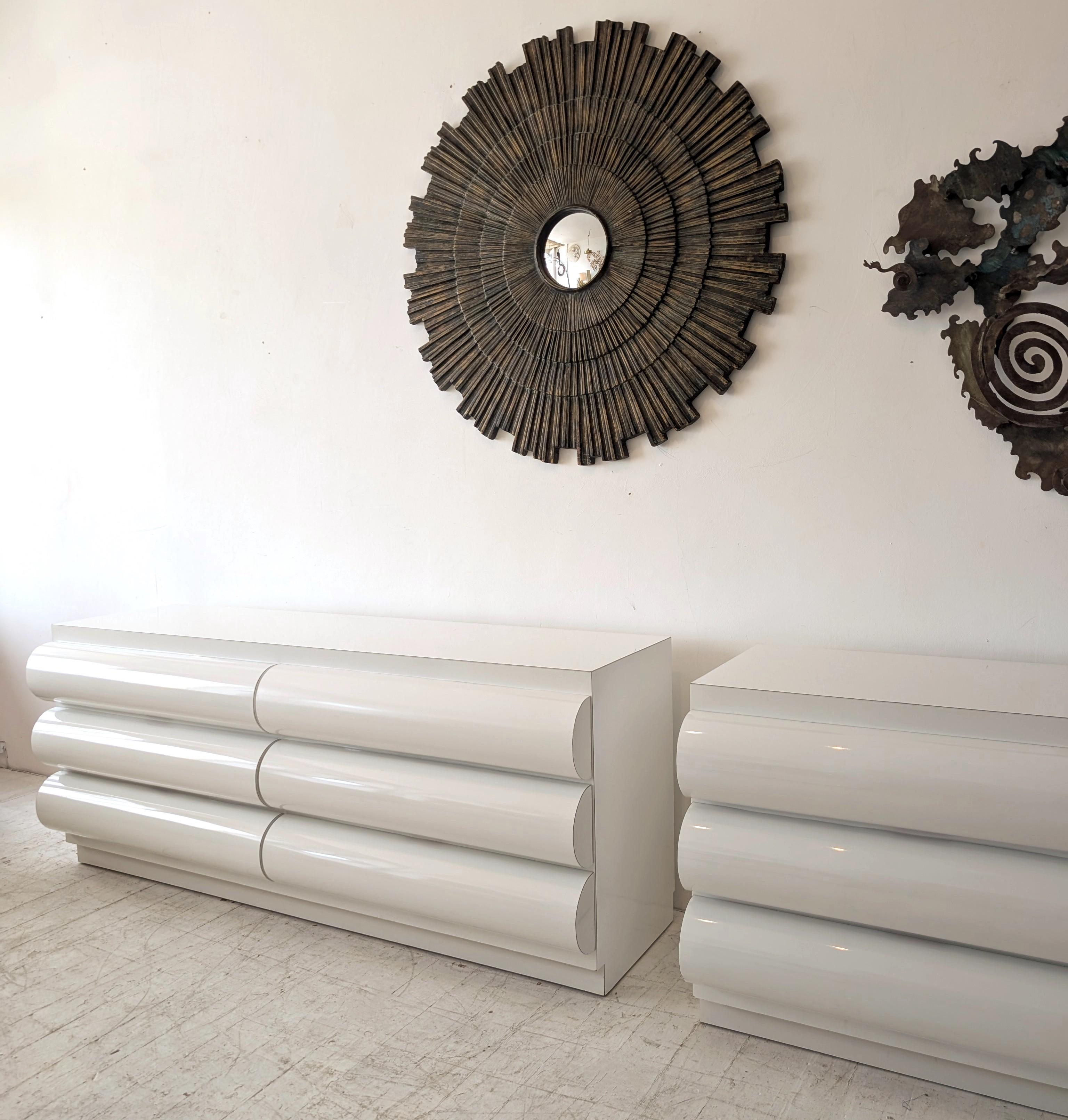Large postmodern white laminate bullnose sideboard with drawers: ONE available For Sale 7