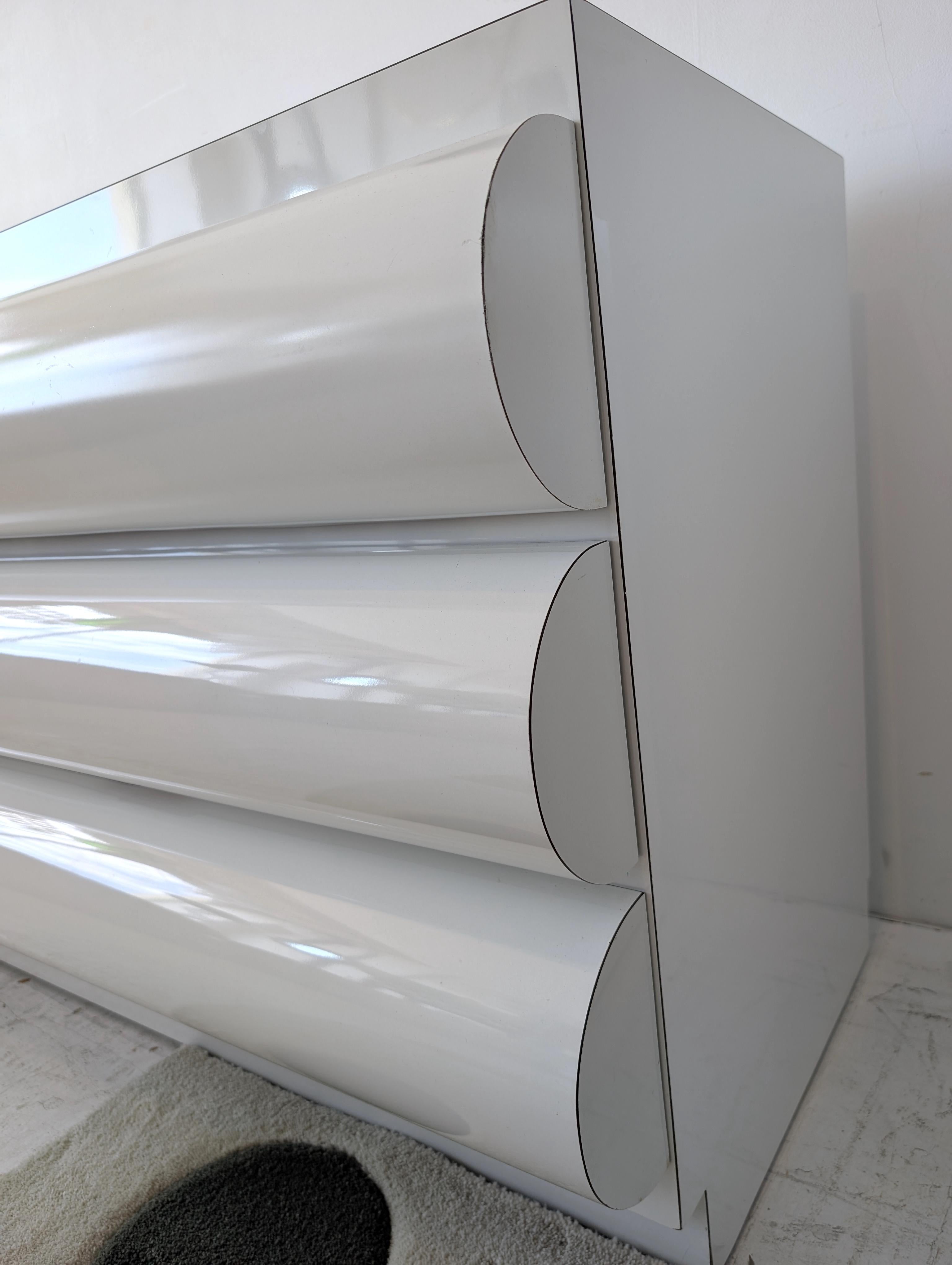 Large postmodern white laminate bullnose sideboard with drawers: ONE available For Sale 9