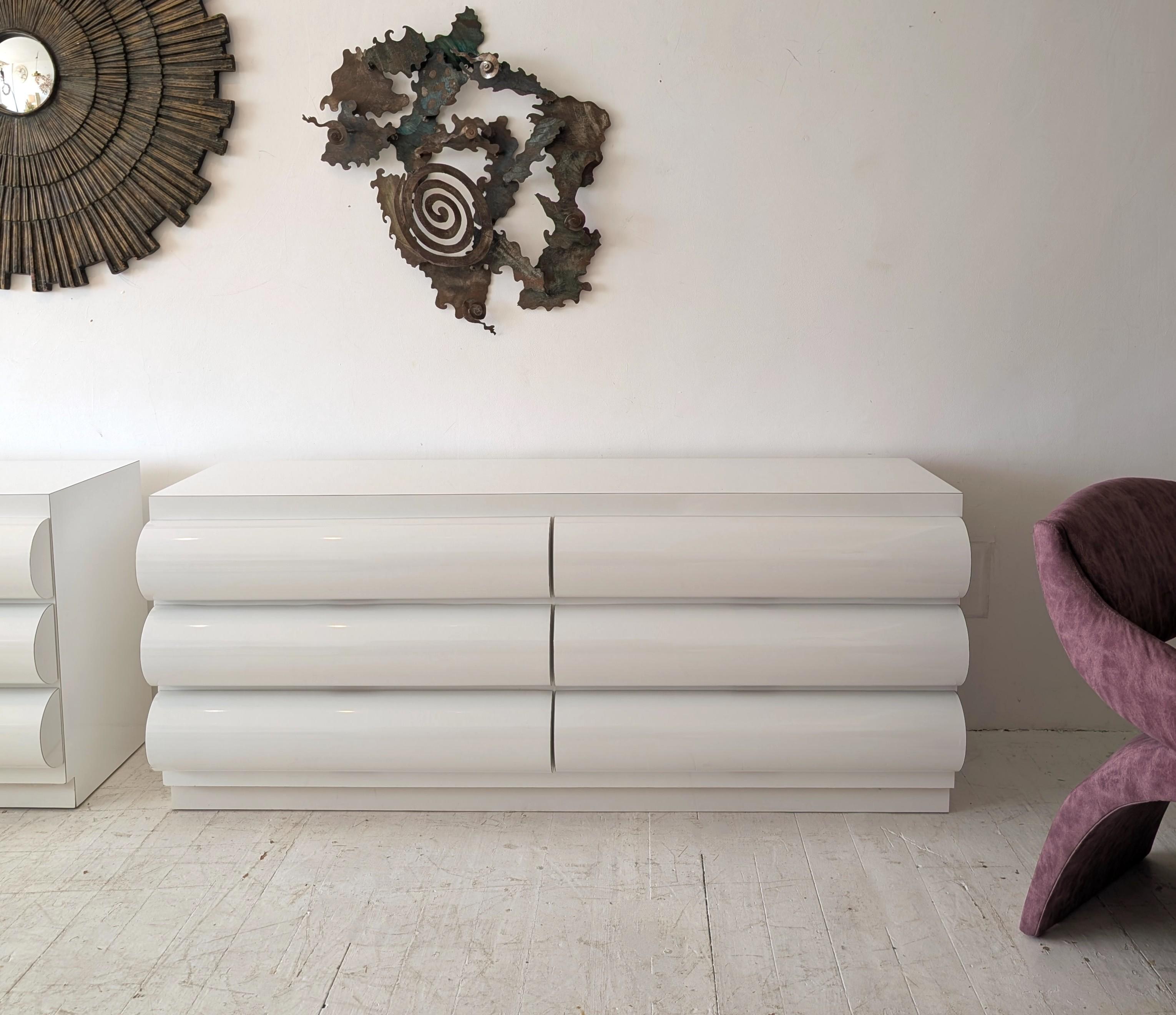 American Large postmodern white laminate bullnose sideboard with drawers: ONE available For Sale