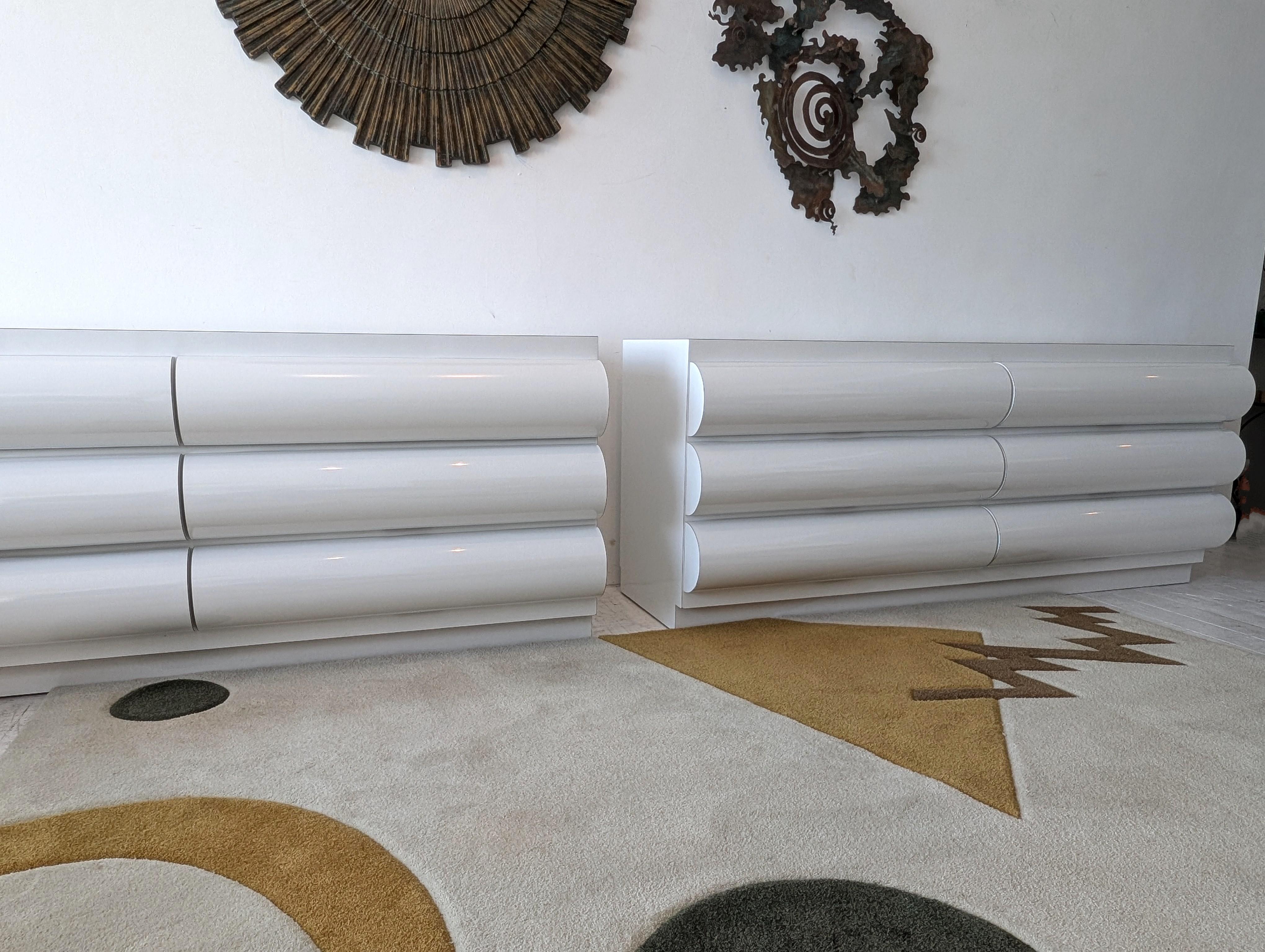 20th Century Large postmodern white laminate bullnose sideboard with drawers: ONE available For Sale