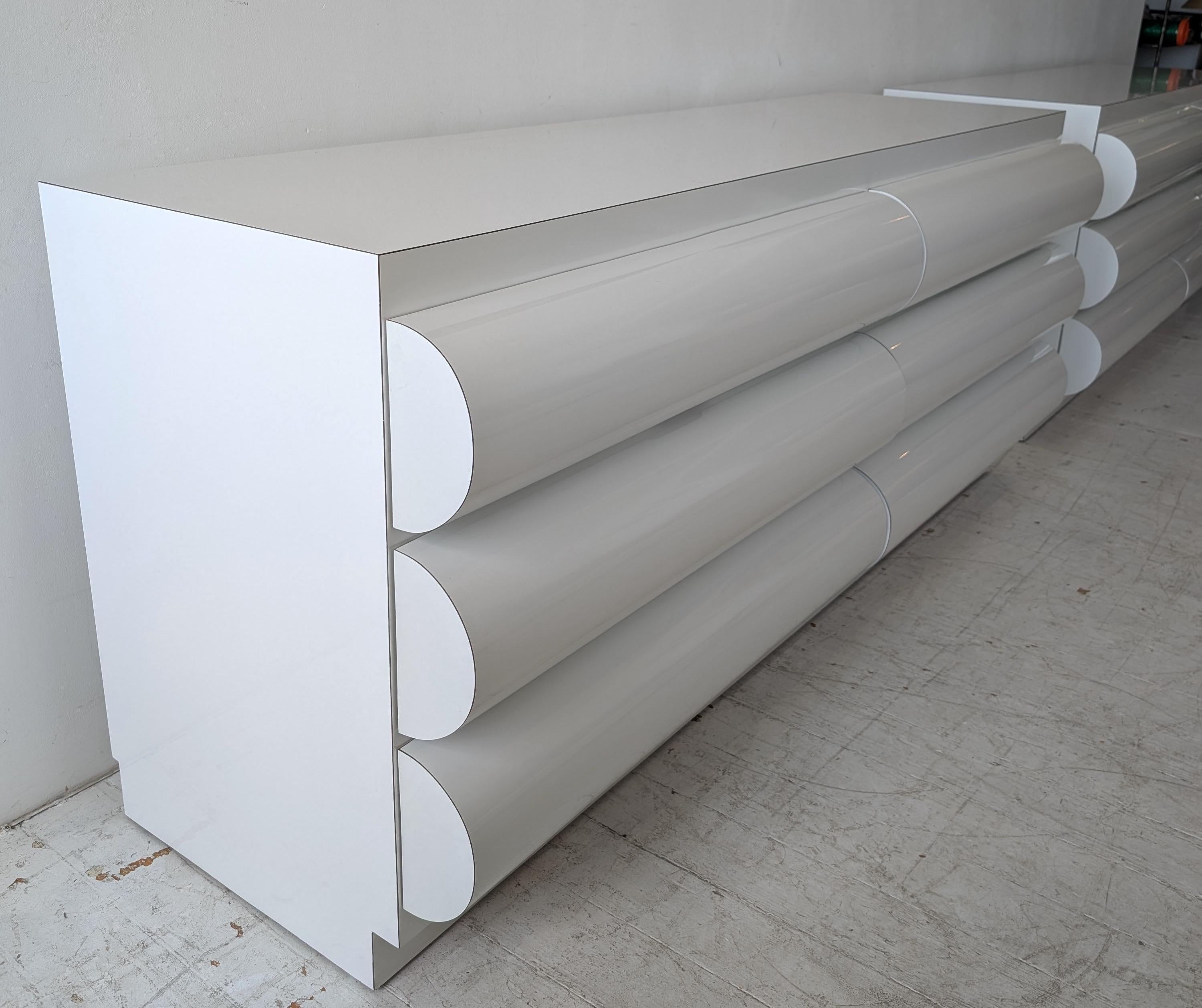 Large postmodern white laminate bullnose sideboard with drawers: ONE available For Sale 1