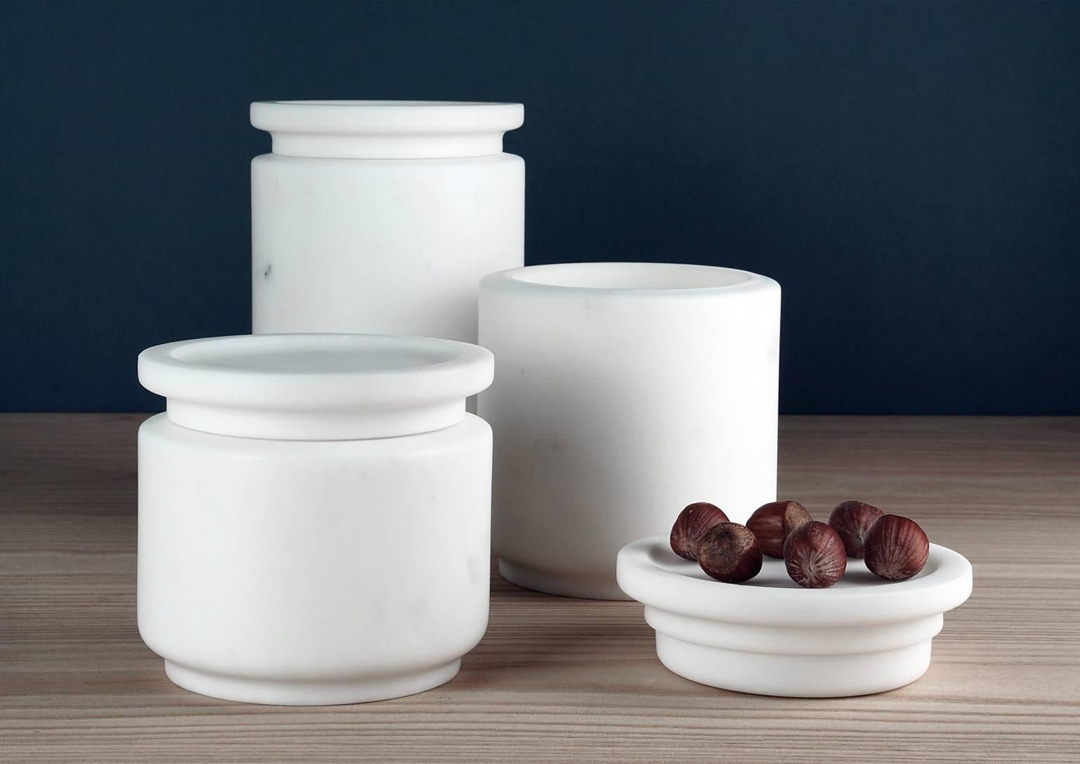 Pyxis pot/jar/container for multiple uses.
Size: 12.6 x 19 cm, smooth finishing. Commercial name: Pyxis L, Pyxis collection by the Spanish Designer Ivan Colominas. Available also in Black Marquinia and different sizes. Made in Italy, hand