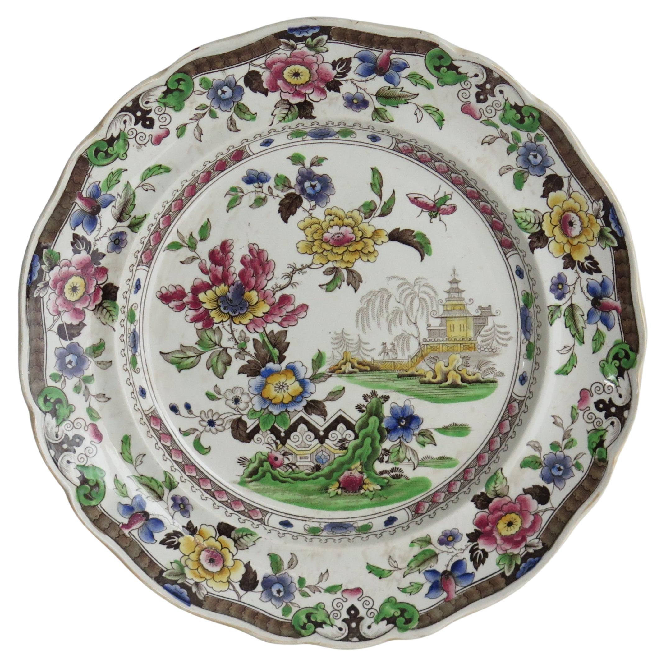 Grande assiette à dîner en poterie de Zachariah Boyle, motif floral chinois, vers 1825 en vente
