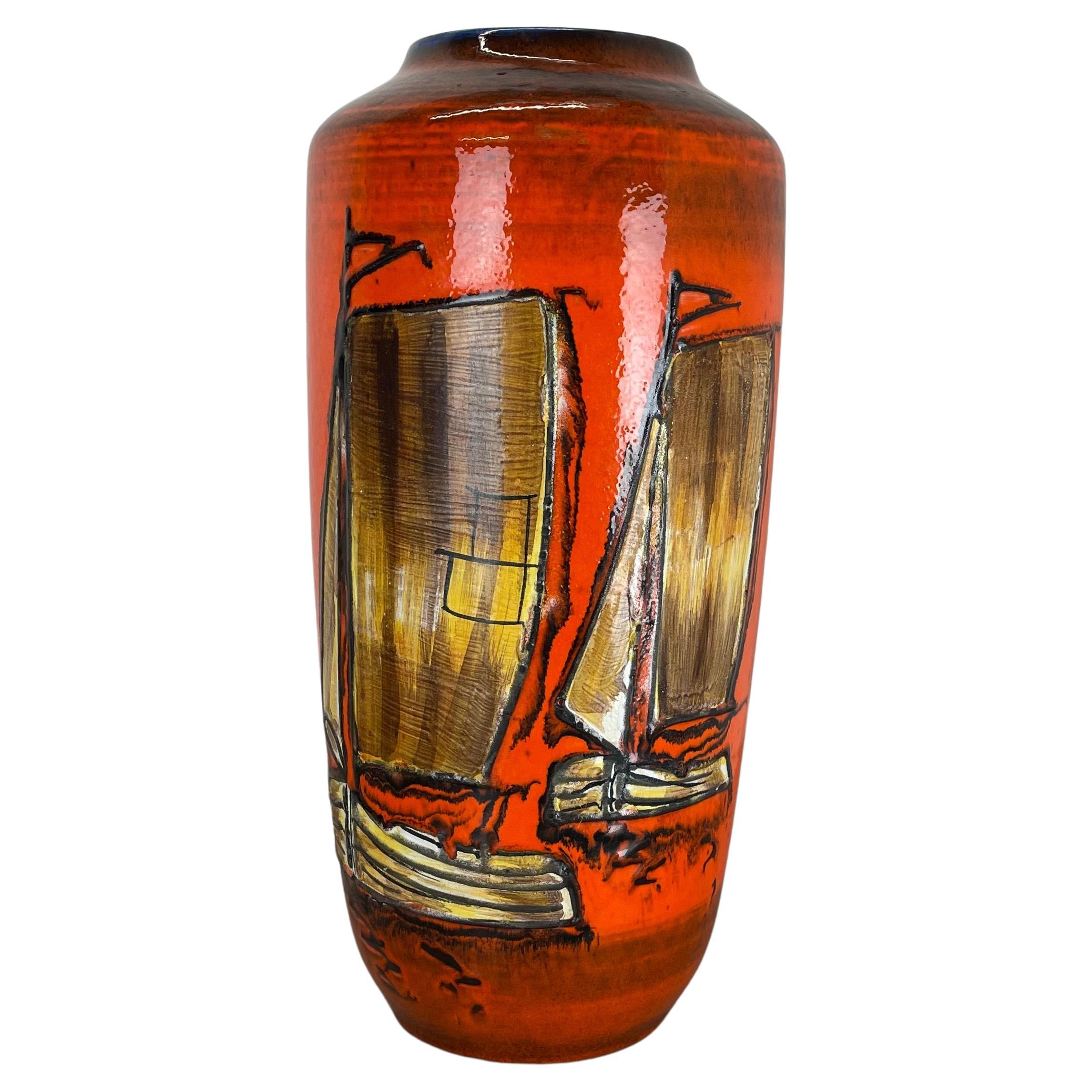 Large Pottery Fat Lava Multi-Color "Sailing Boats" Floor Vase by Scheurich, 1970s For Sale
