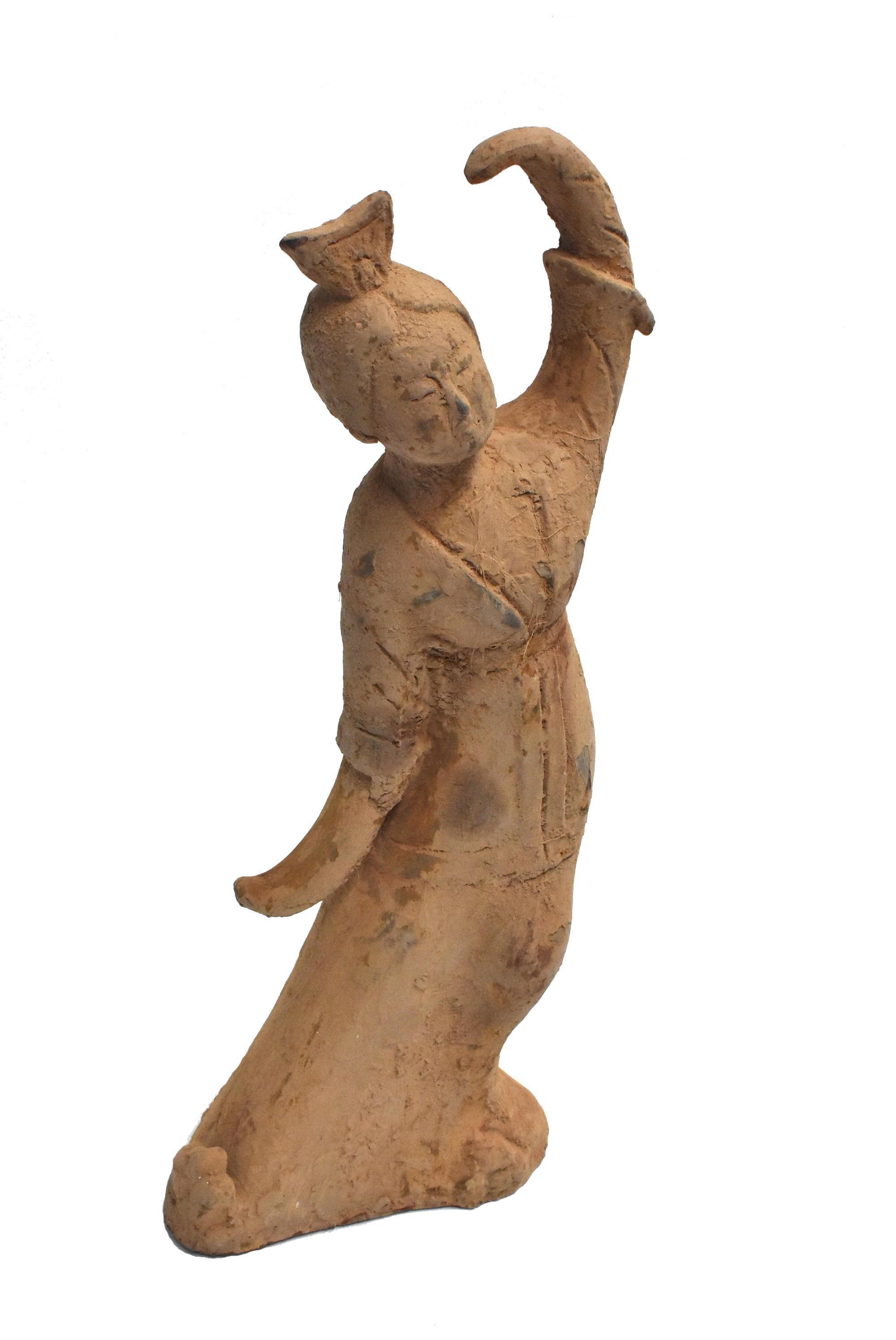 Hand-Crafted Large Terracotta Figure Dancer with Crown, Chinese Han Style