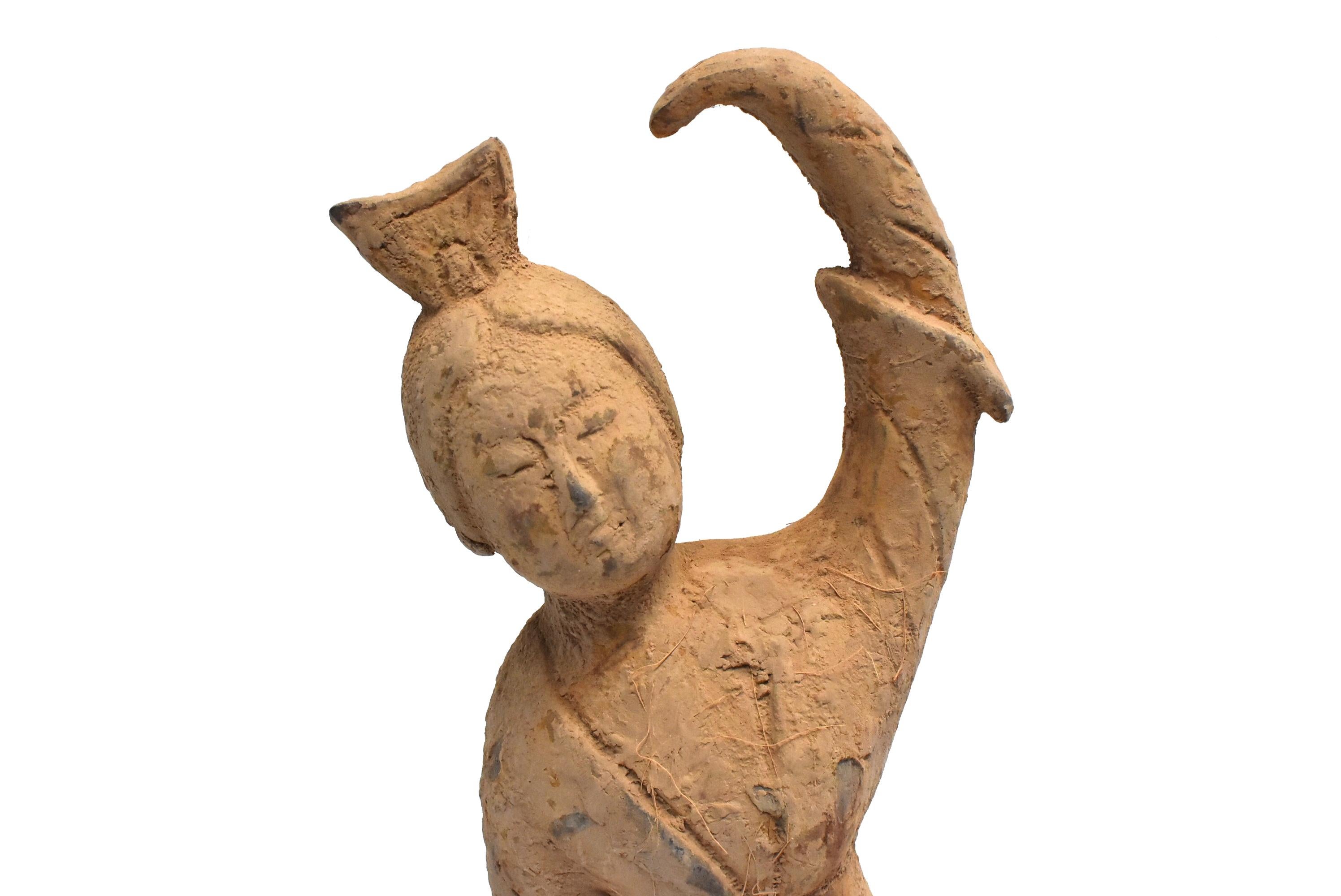 Large Terracotta Figure Dancer with Crown, Chinese Han Style In Good Condition In Somis, CA