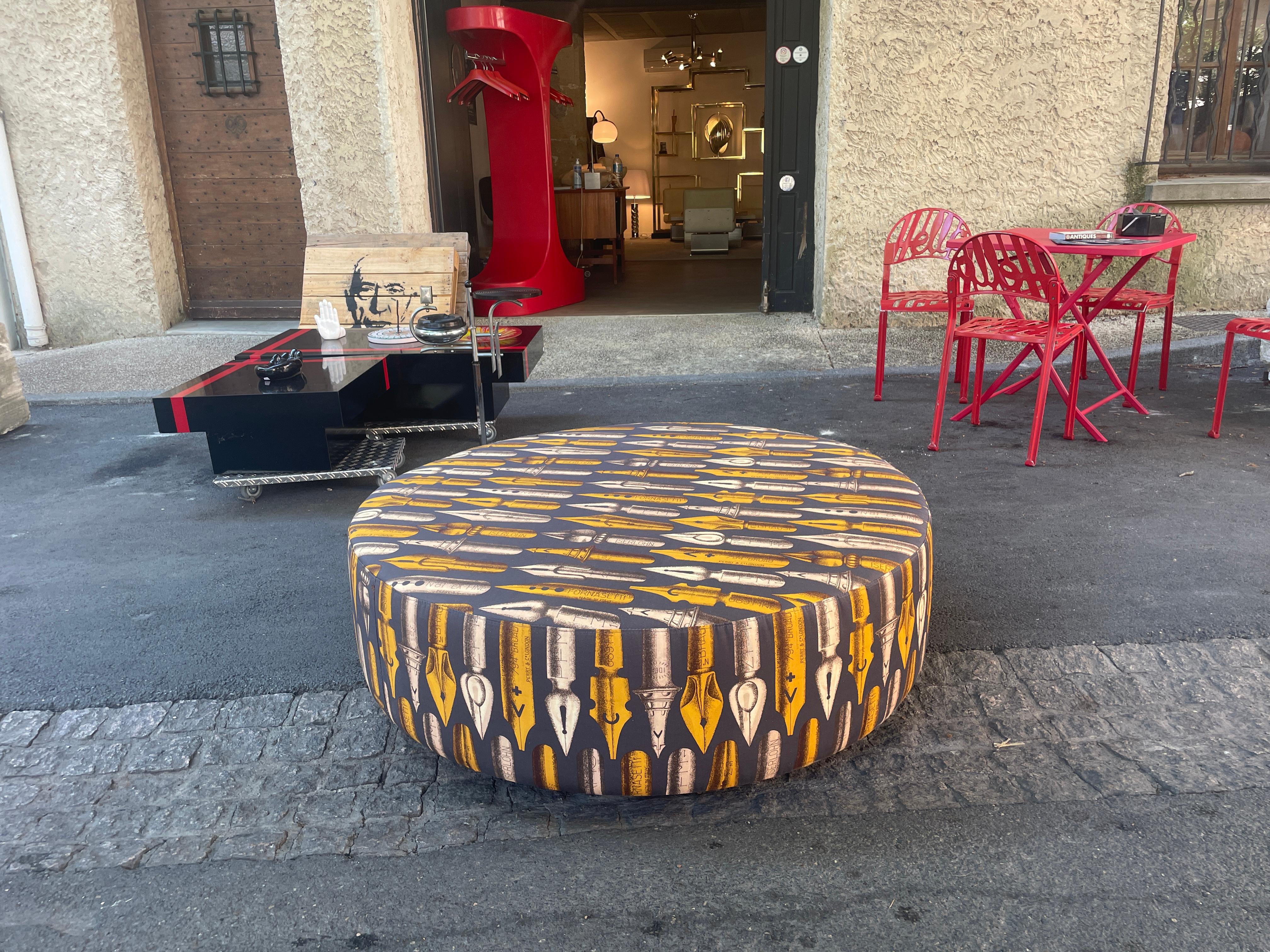 Large Pouf Ottoman 1950 by Fornasetti, Italy, Wheels Mid Century XXL Fabric For Sale 1
