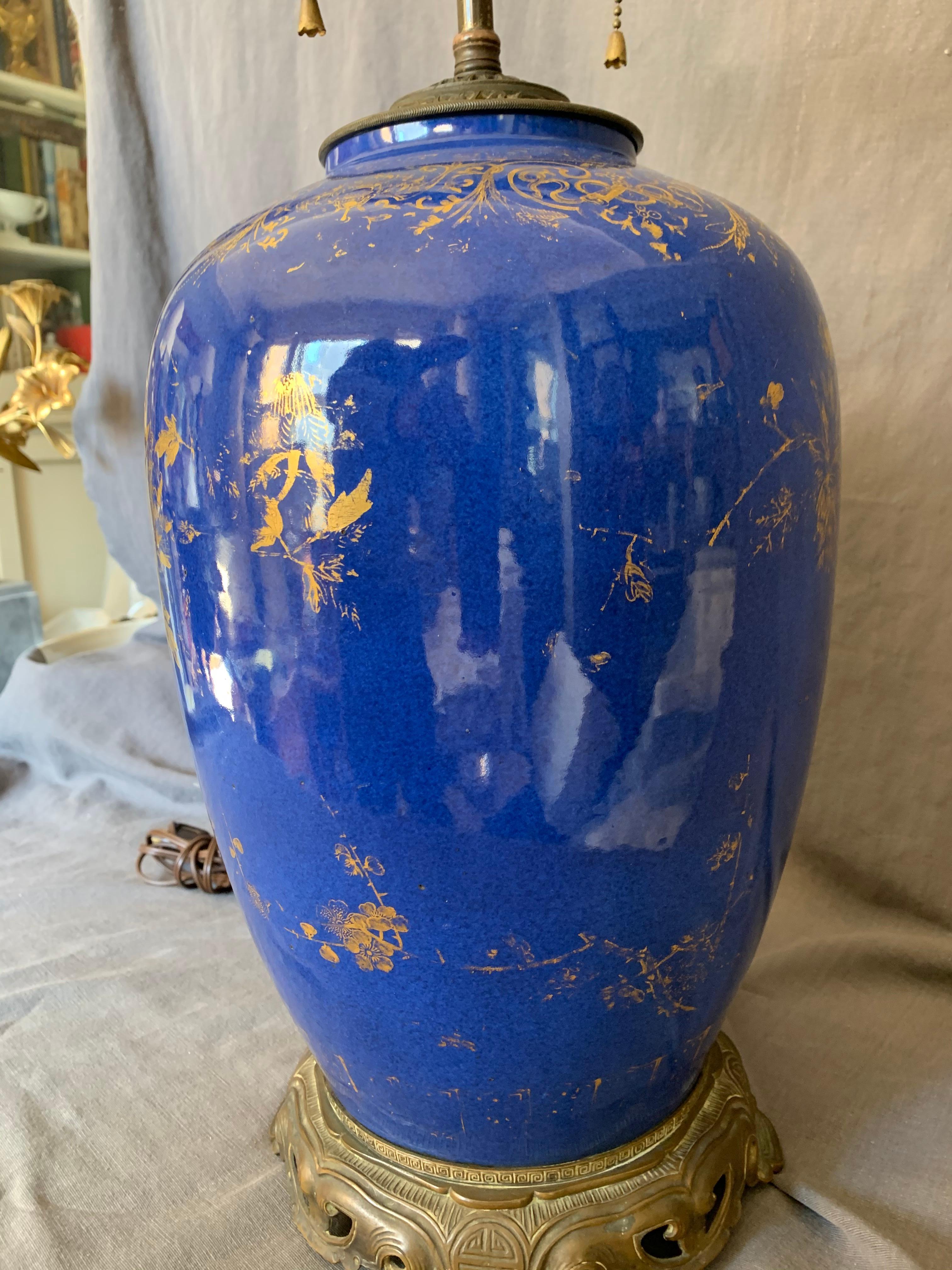 18th Century and Earlier Large Powder Blue and Gilt Kangxi Lamp For Sale