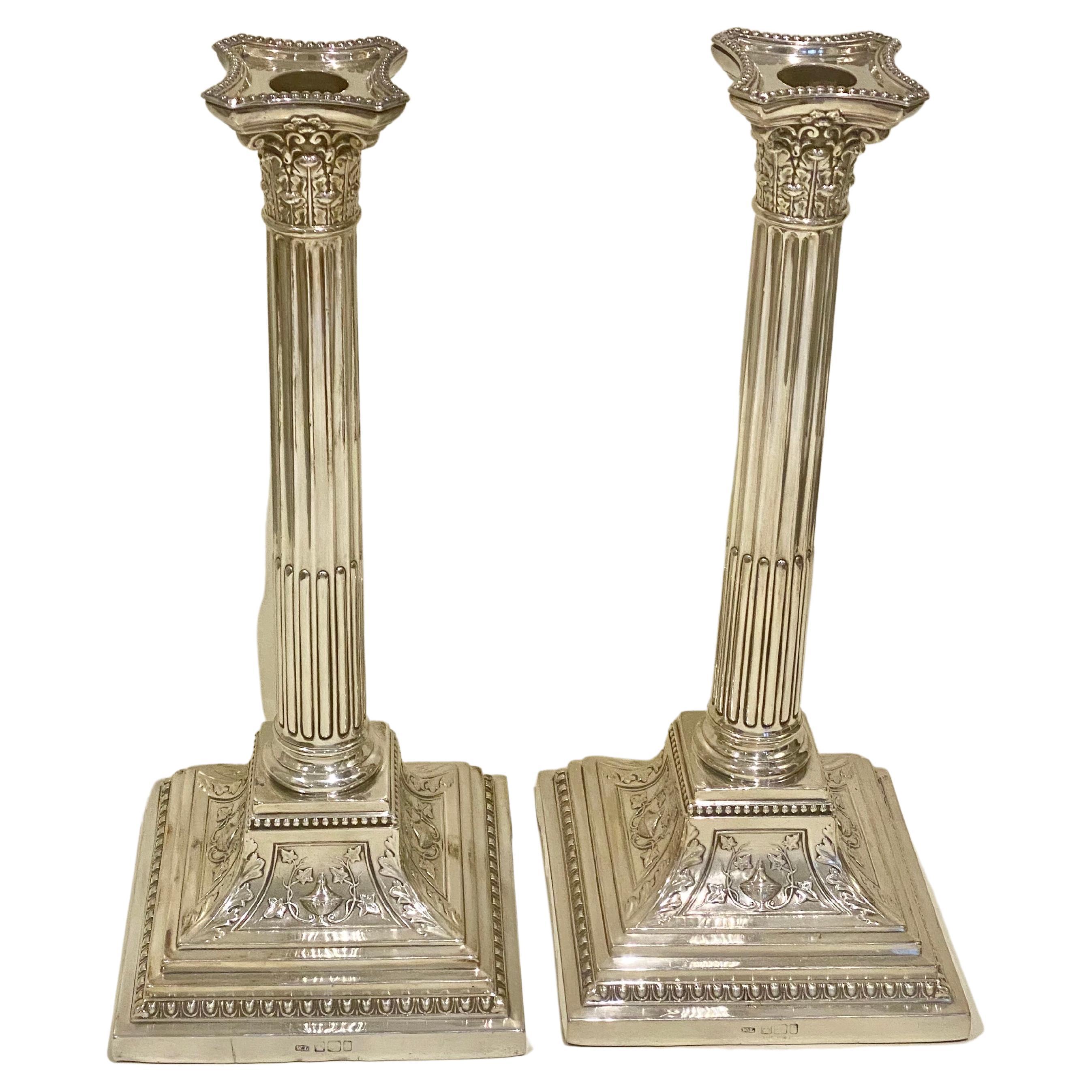 Large Pr Neoclassical Victorian Sterling Silver Corinthian Column Candlesticks For Sale 4