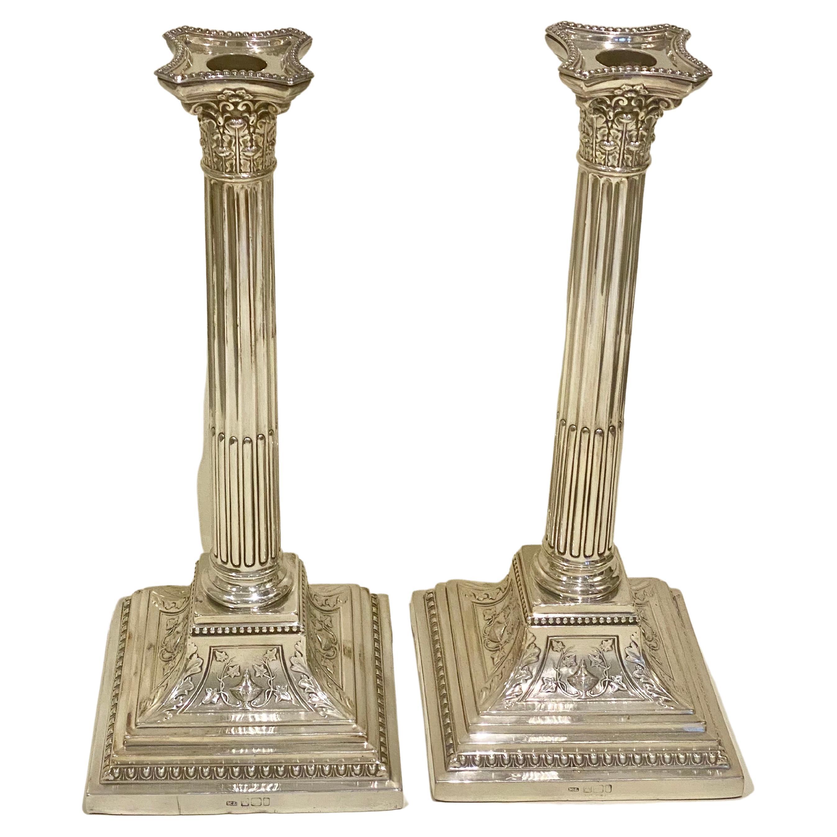 Large Pr Neoclassical Victorian Sterling Silver Corinthian Column Candlesticks 4