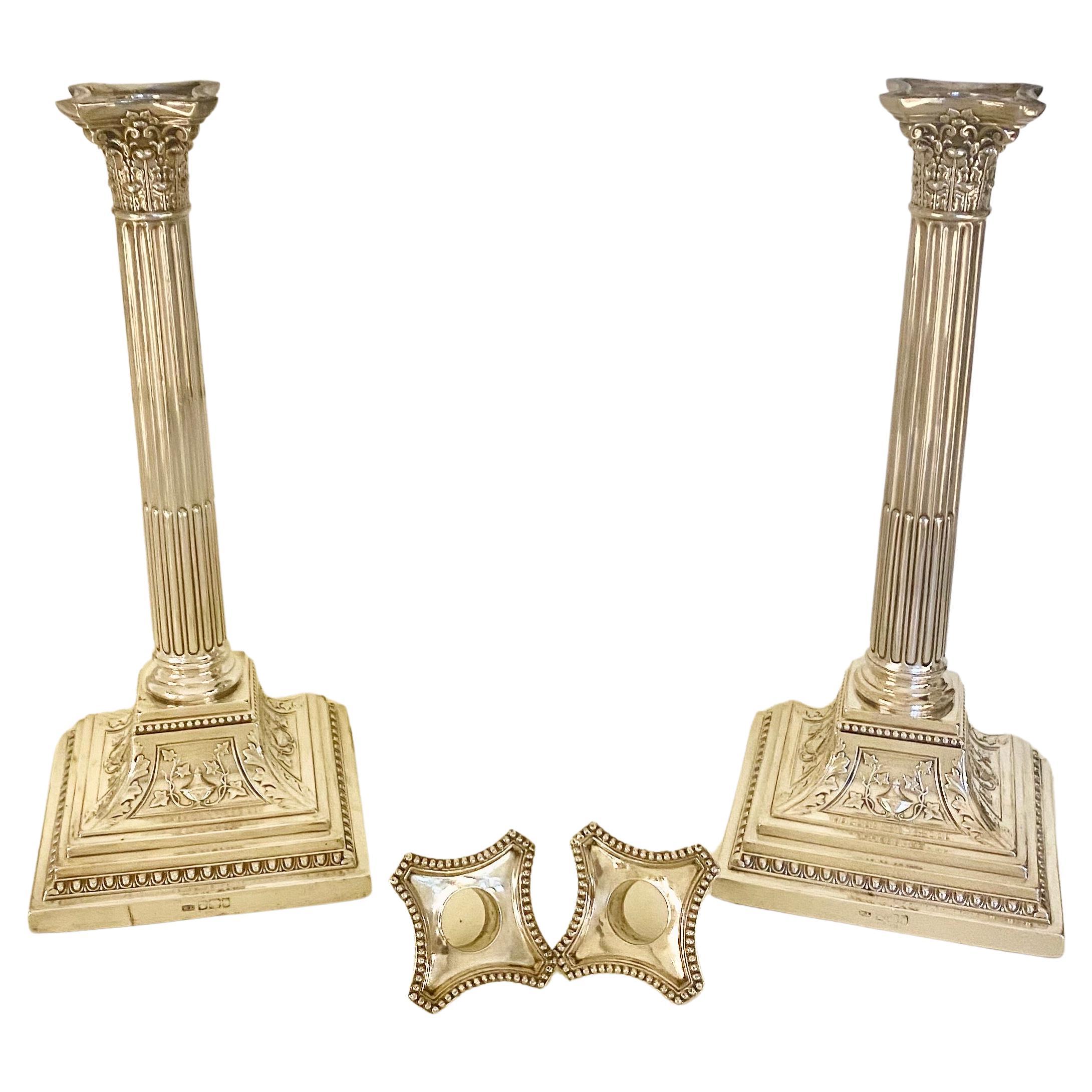 Large Pr Neoclassical Victorian Sterling Silver Corinthian Column Candlesticks For Sale 11