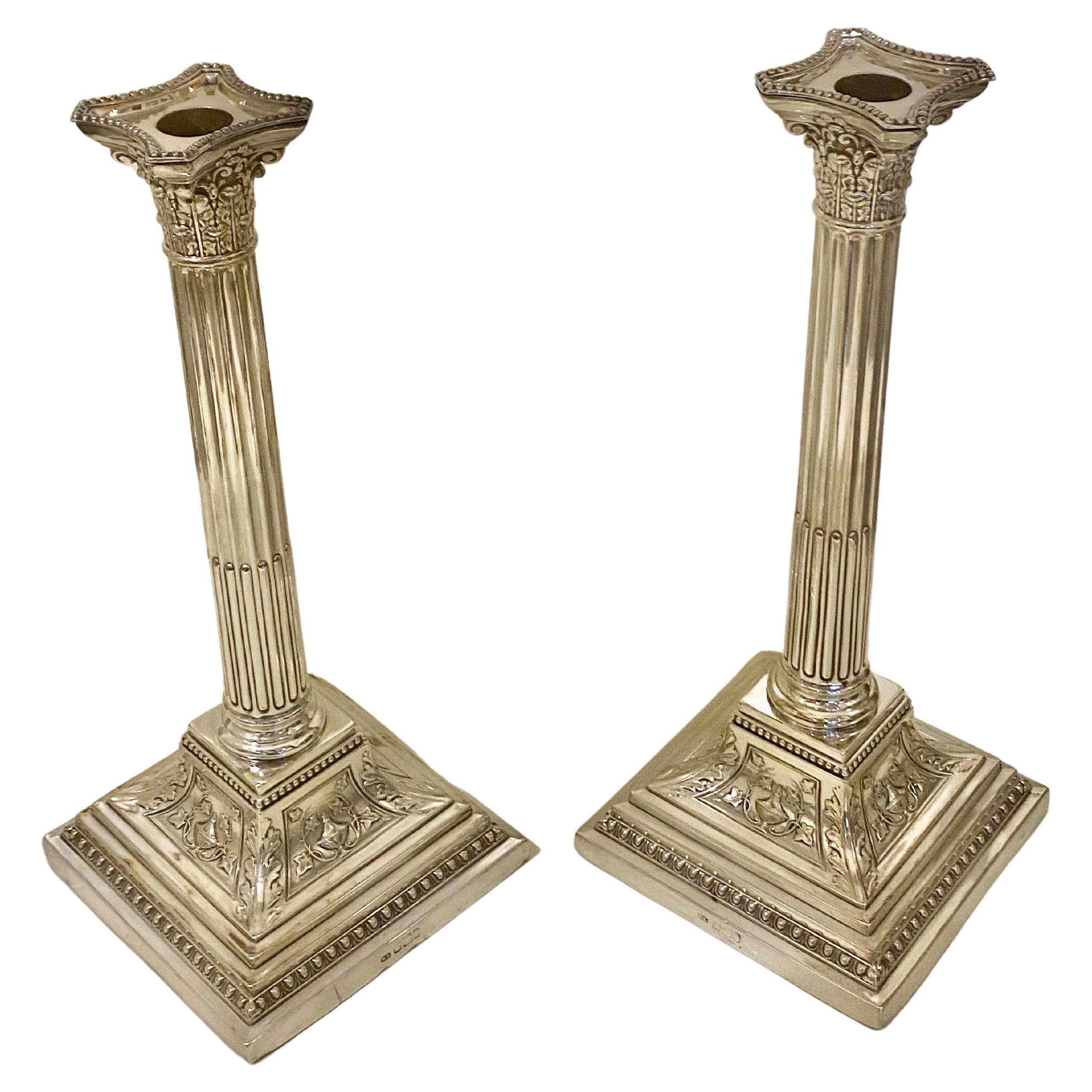 Large Pr Neoclassical Victorian Sterling Silver Corinthian Column Candlesticks For Sale 12