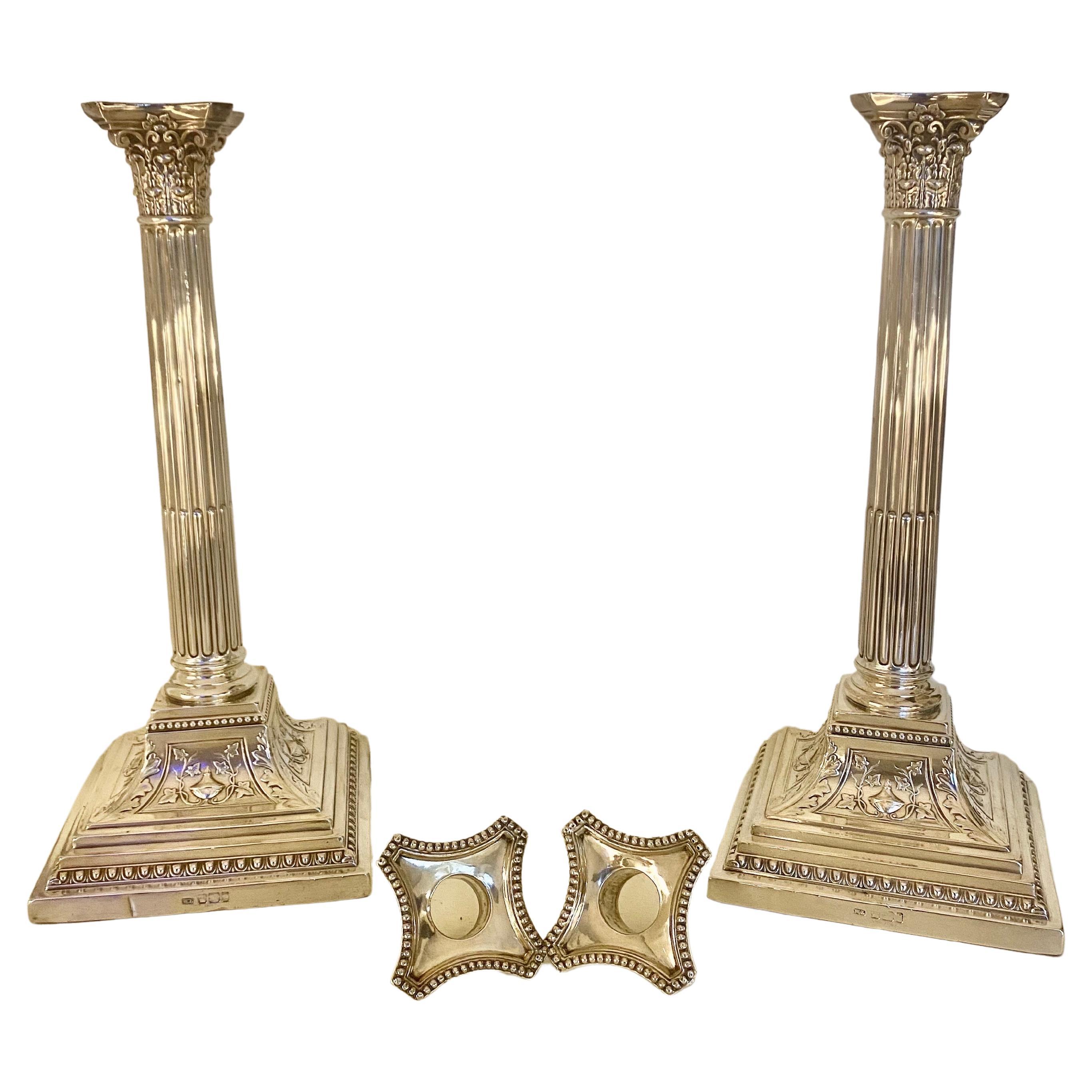 Neoclassical Revival Large Pr Neoclassical Victorian Sterling Silver Corinthian Column Candlesticks For Sale