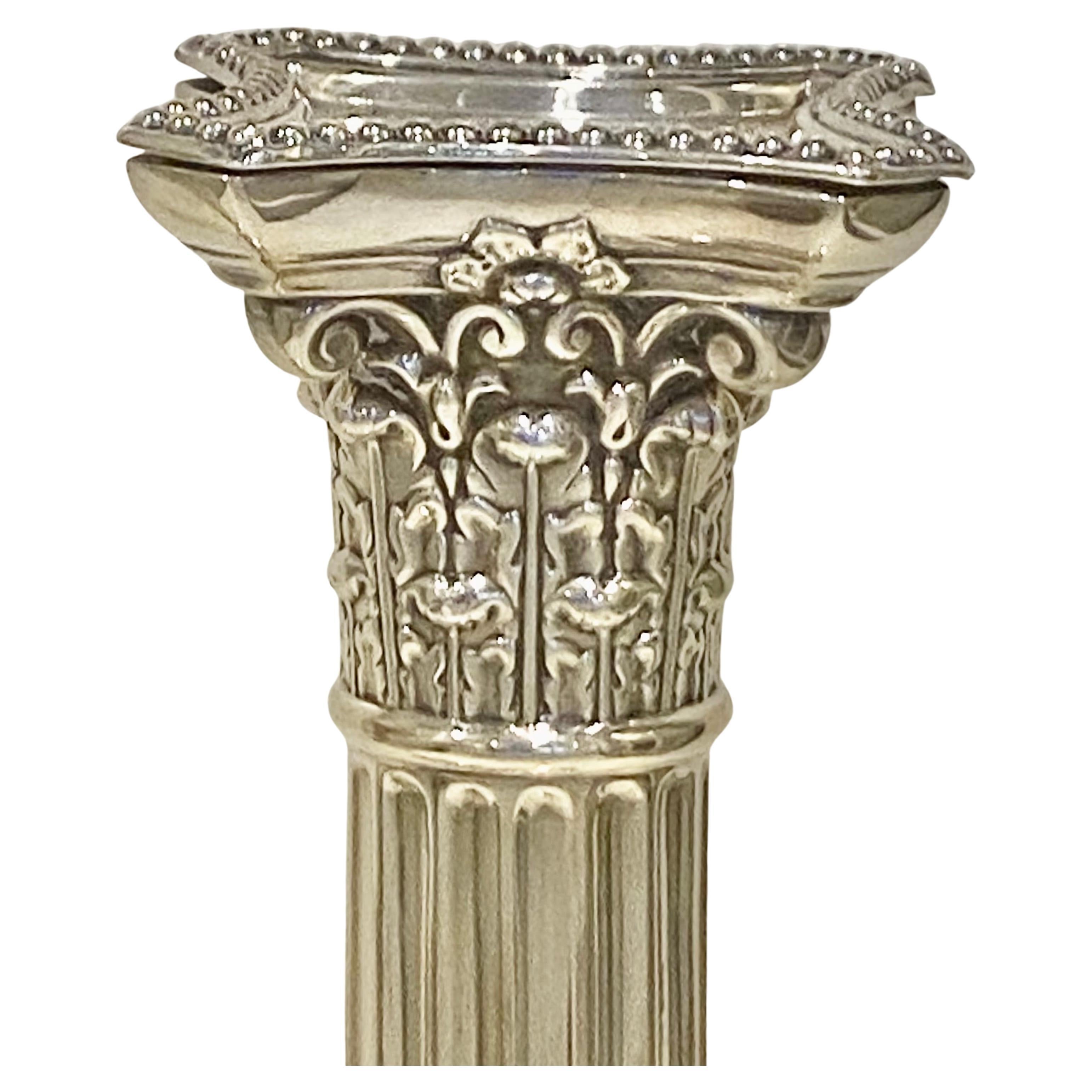 British Large Pr Neoclassical Victorian Sterling Silver Corinthian Column Candlesticks For Sale