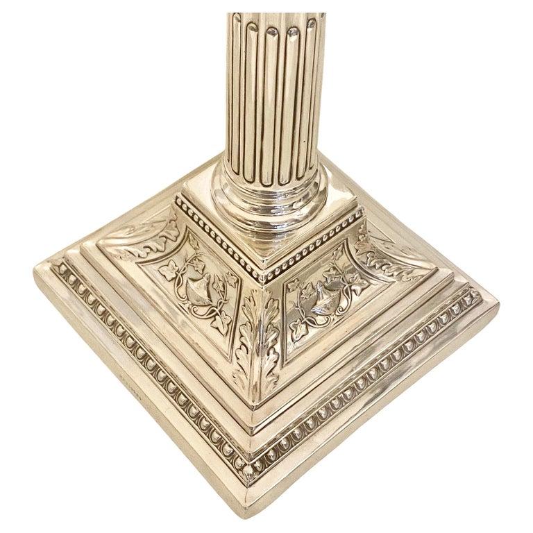 Late 19th Century Large Pr Neoclassical Victorian Sterling Silver Corinthian Column Candlesticks