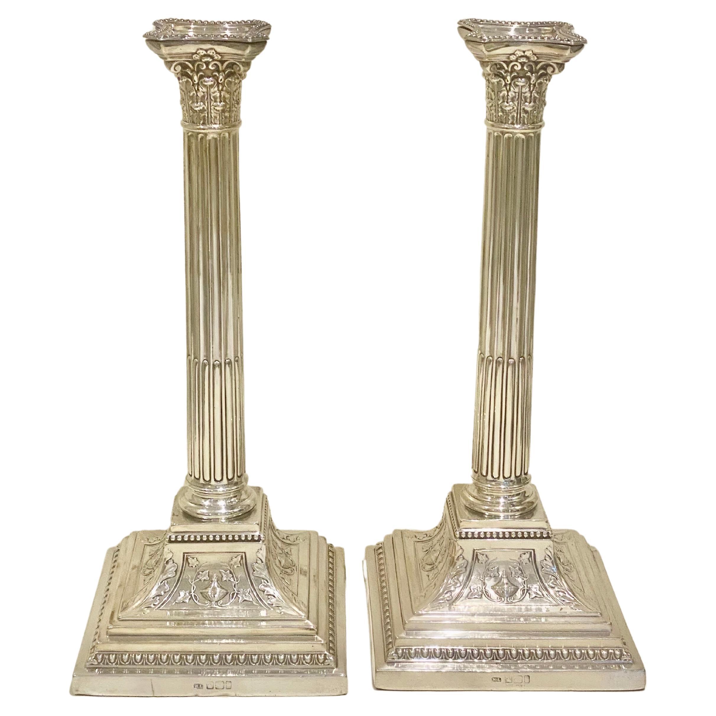 Large Pr Neoclassical Victorian Sterling Silver Corinthian Column Candlesticks