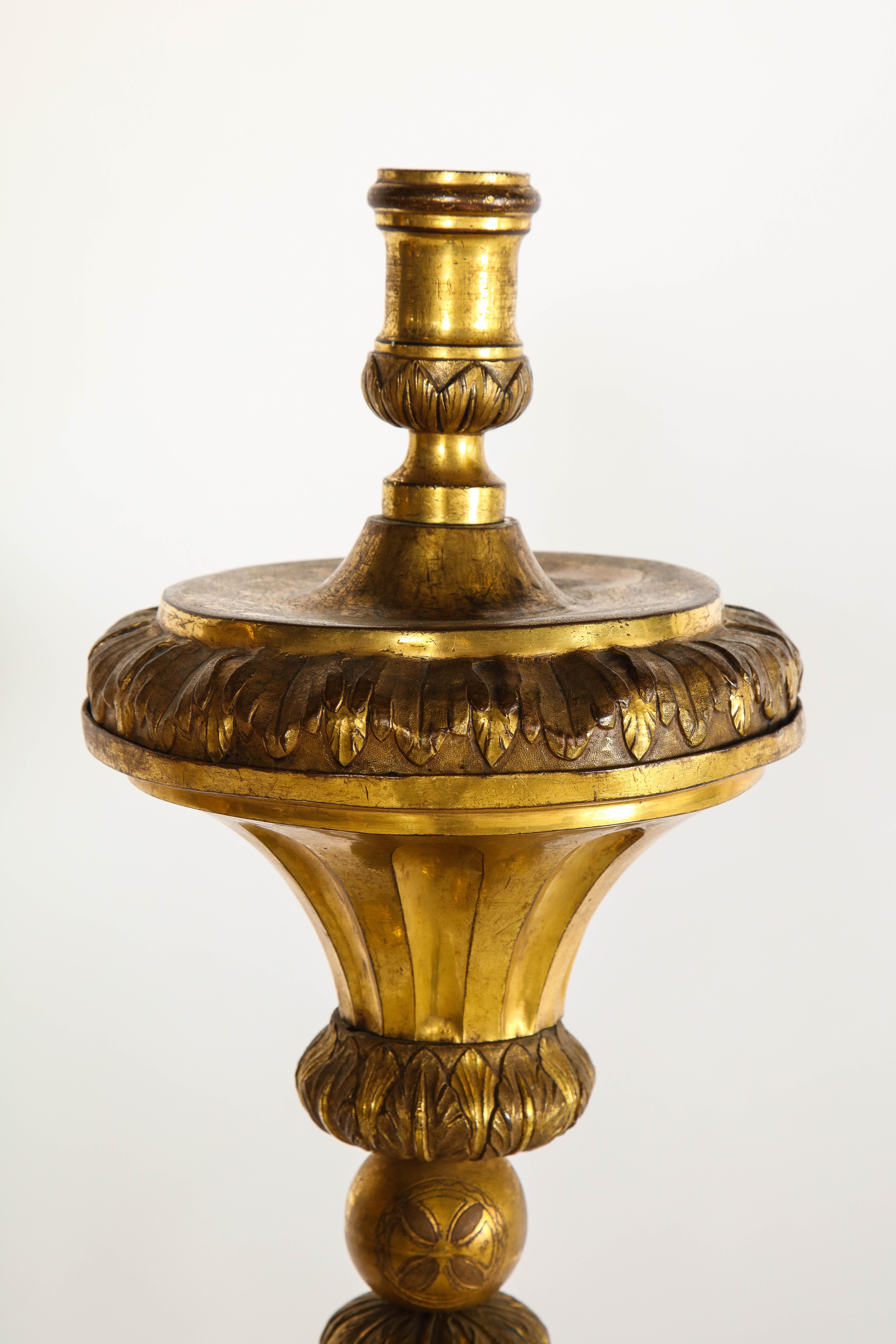 Large Pair of South American/Mexican Dore Bronze 18th Century Candleholders In Good Condition For Sale In New York, NY