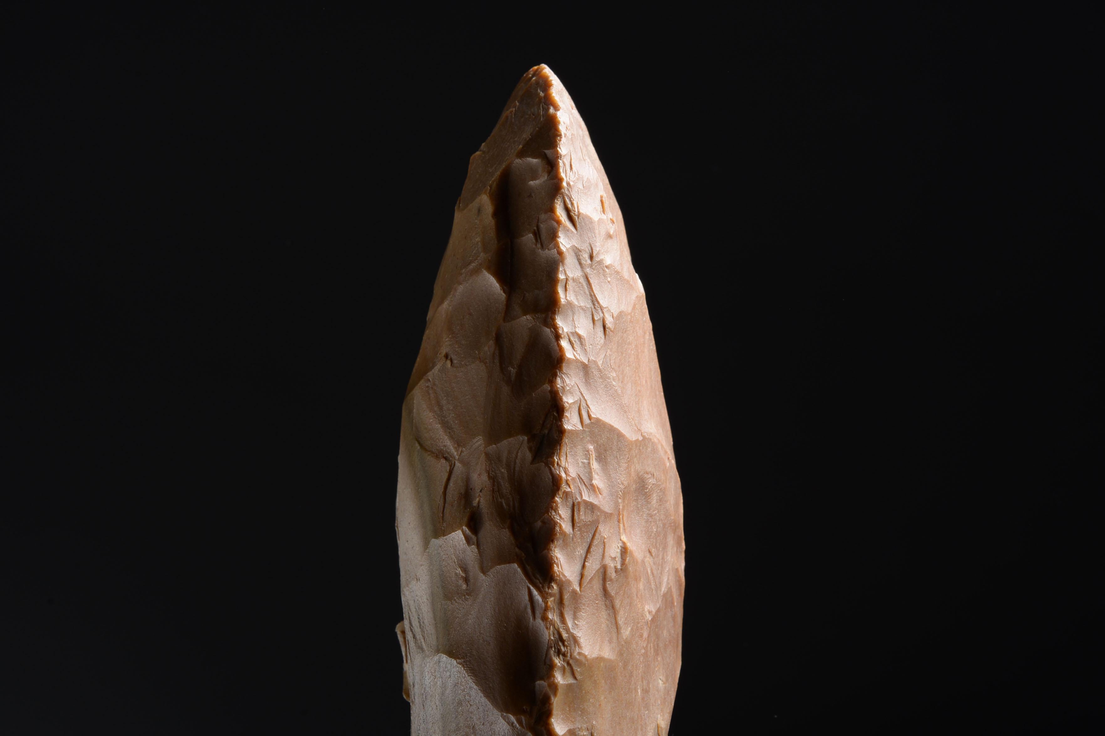 A large, thin-butted Neolithic flint axe found in Mauprévoir, France. Knapped from pink-brown flint, with a white grey streak on one side and with beautiful marks resembling stitching along the edges.

This elegant handaxe was made during the period