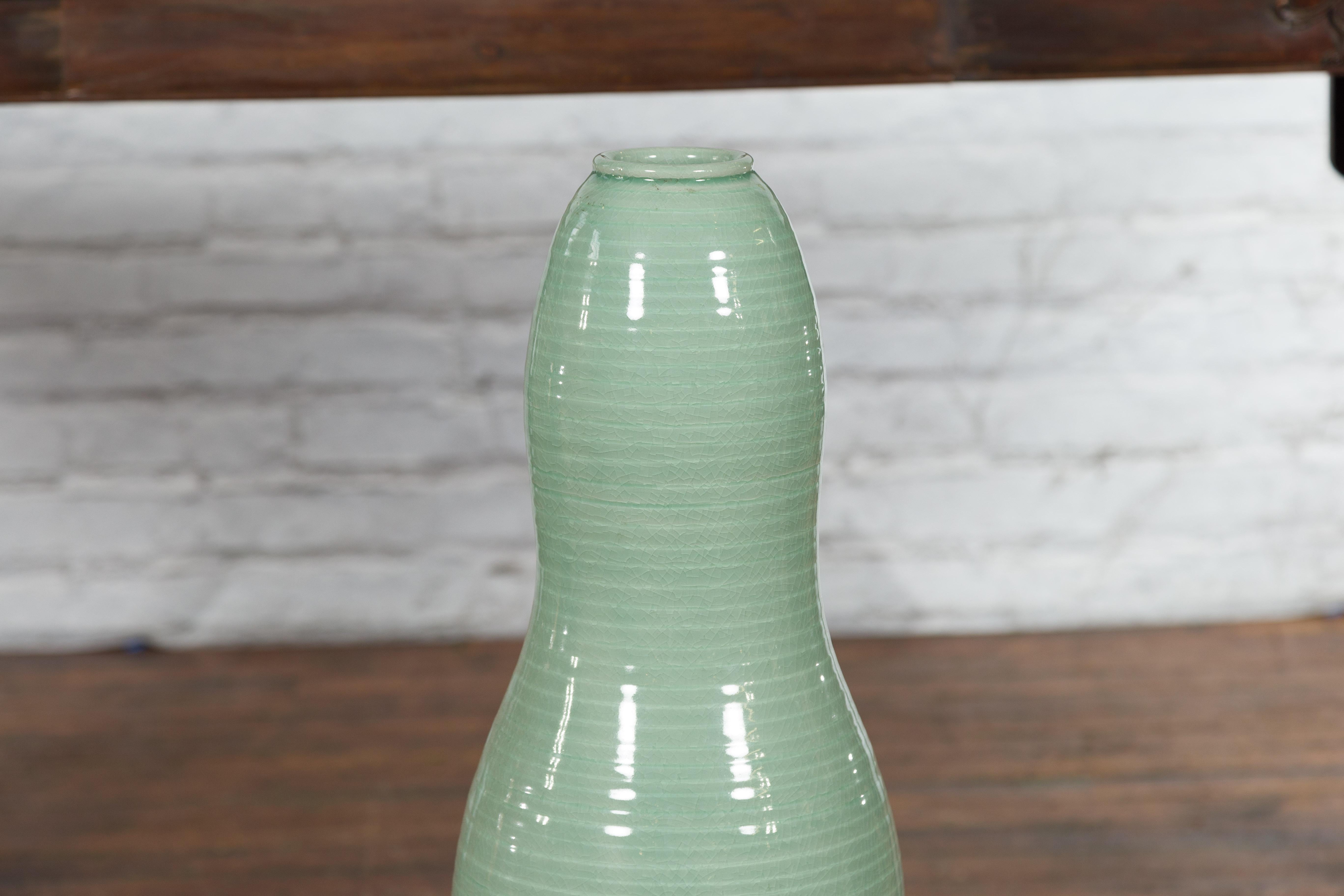 Ceramic Large Prem Collection Chiang Mai Gourd-Shaped Vase with Green Glaze For Sale