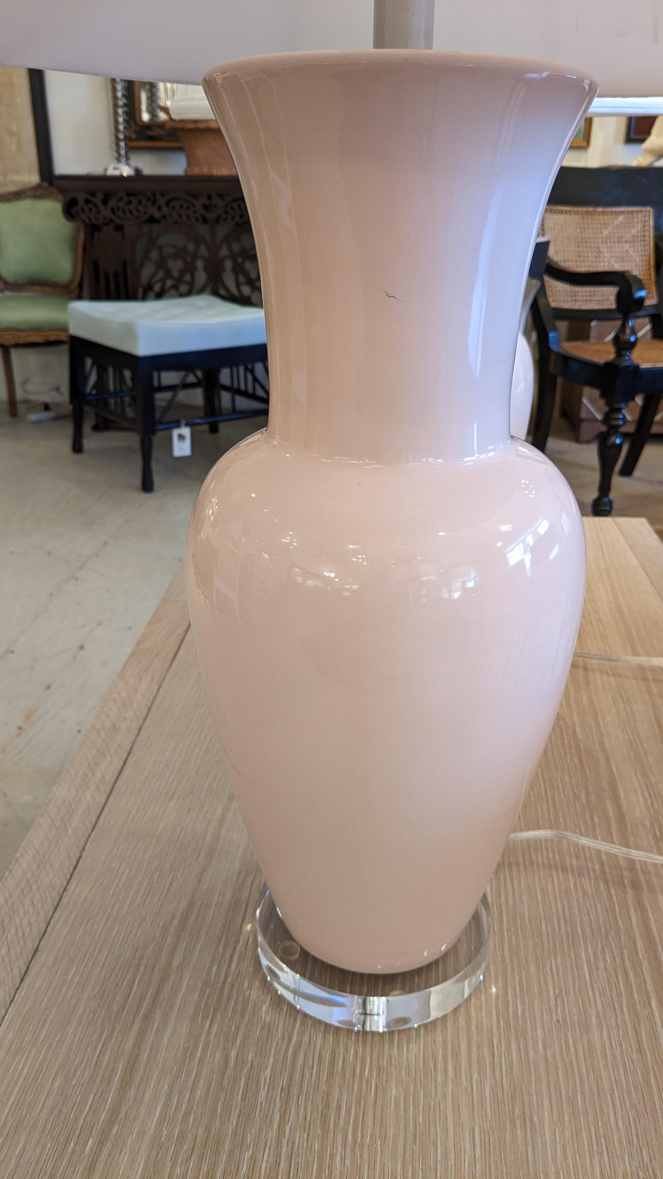 Large Pretty Pair of Light Pink Ceramic Table Lamps In Good Condition For Sale In Hopewell, NJ