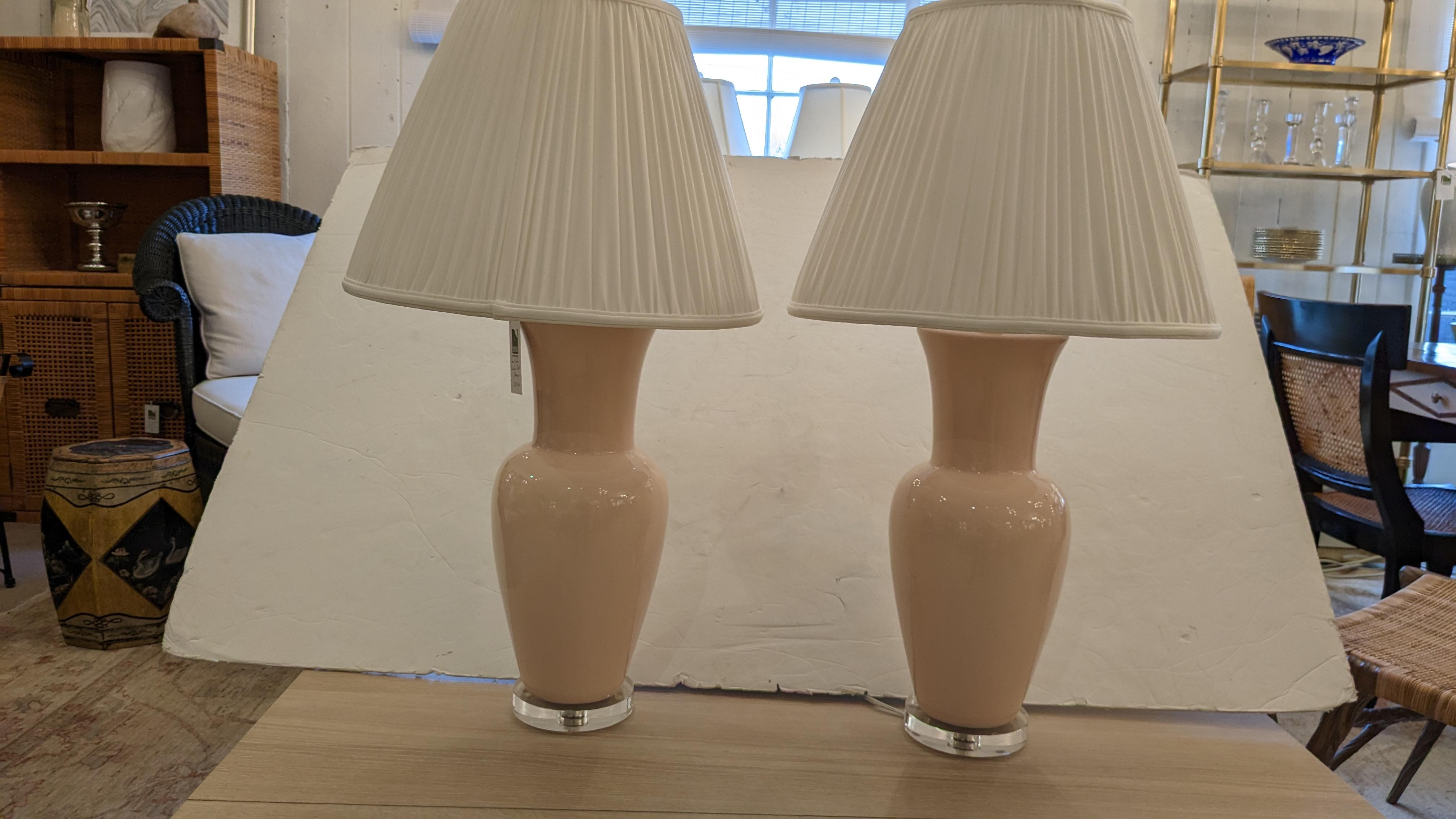 Lucite Large Pretty Pair of Light Pink Ceramic Table Lamps For Sale