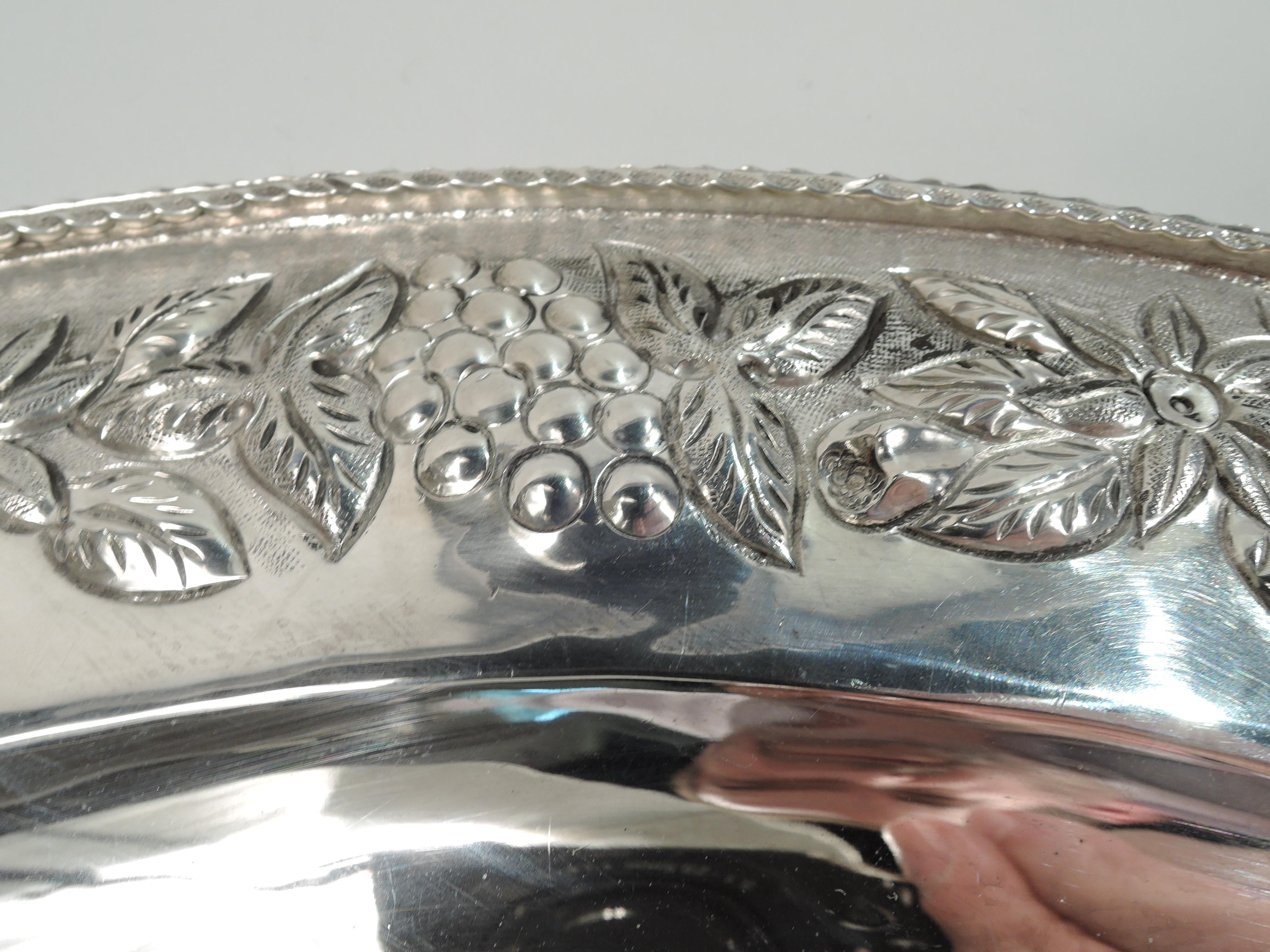 Unknown Large & Pretty Silver 16-Inch Round Tray with Repousse Floral Garland For Sale