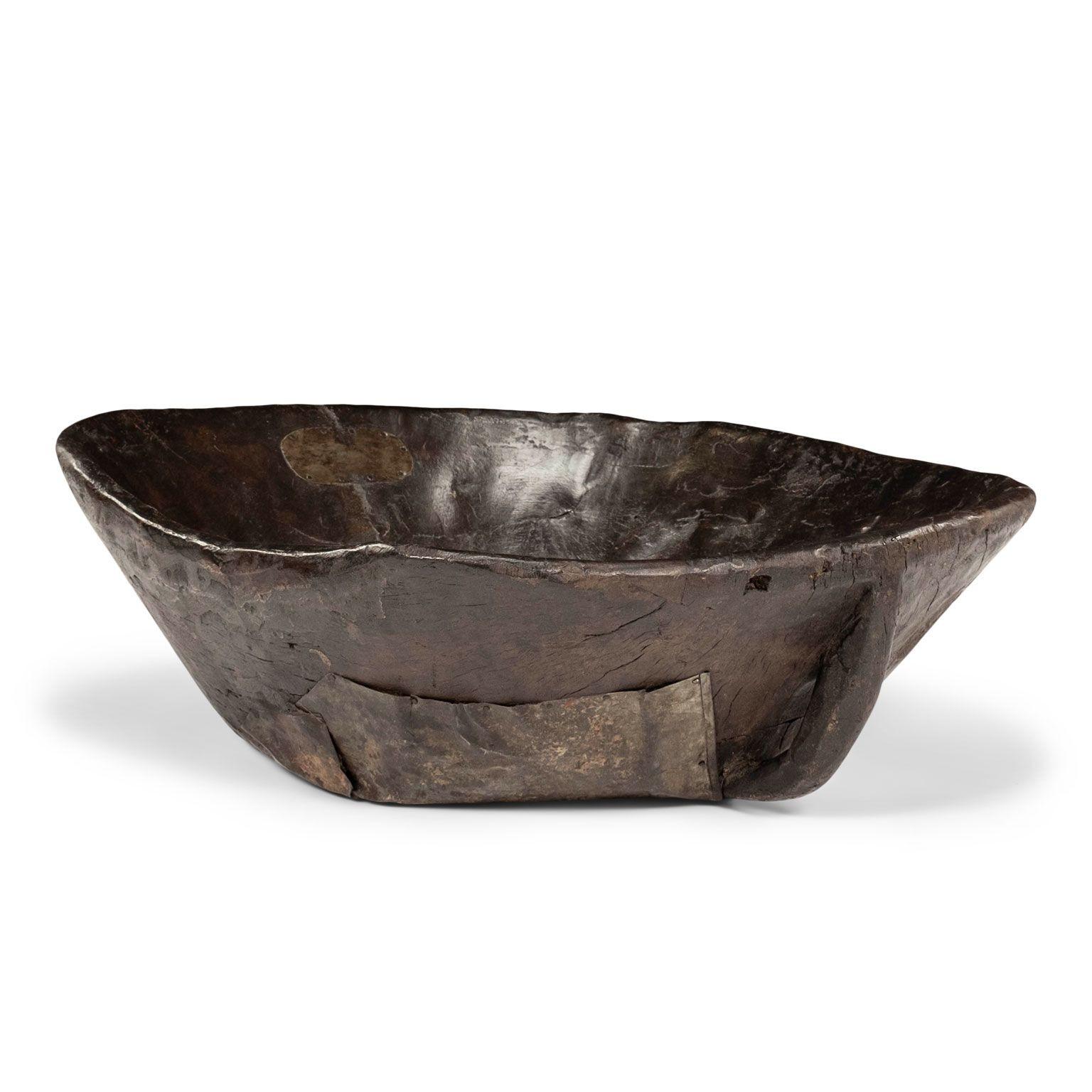 Large Primitive Bowl Hand-Carved from Hardwood In Fair Condition For Sale In Houston, TX