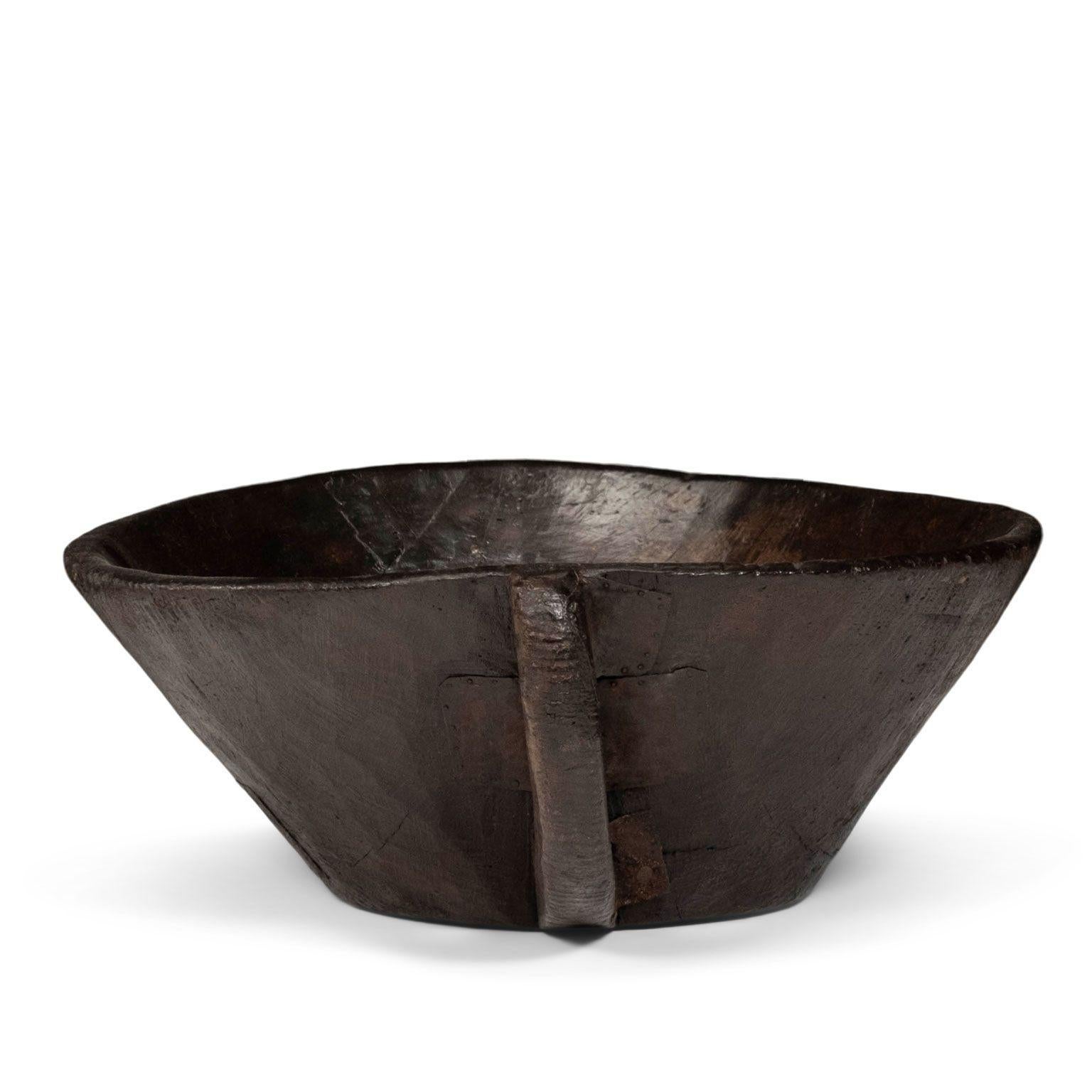 Indian Large Primitive Bowl Hand-Carved with Handle from Hardwood For Sale