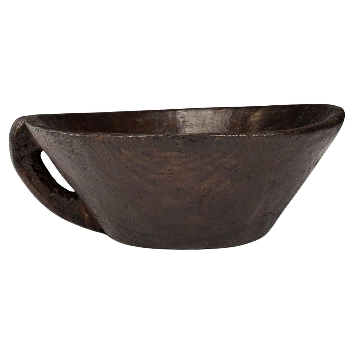Large Primitive Bowl Hand-Carved with Handle from Hardwood For Sale