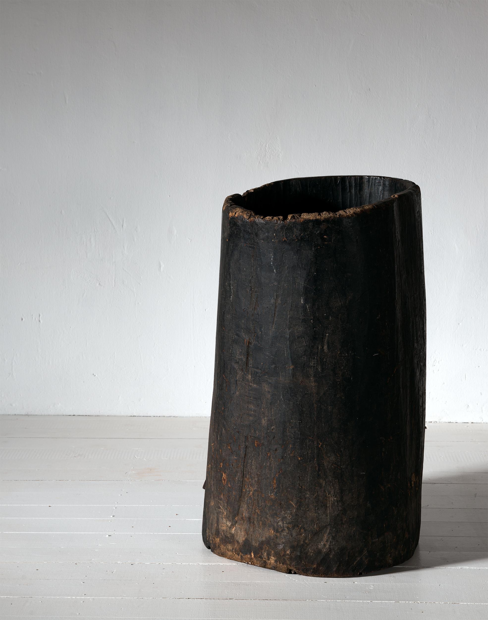 Belgian Large Primitive Flemish Black Antique Tree Trunk Grain Barrel