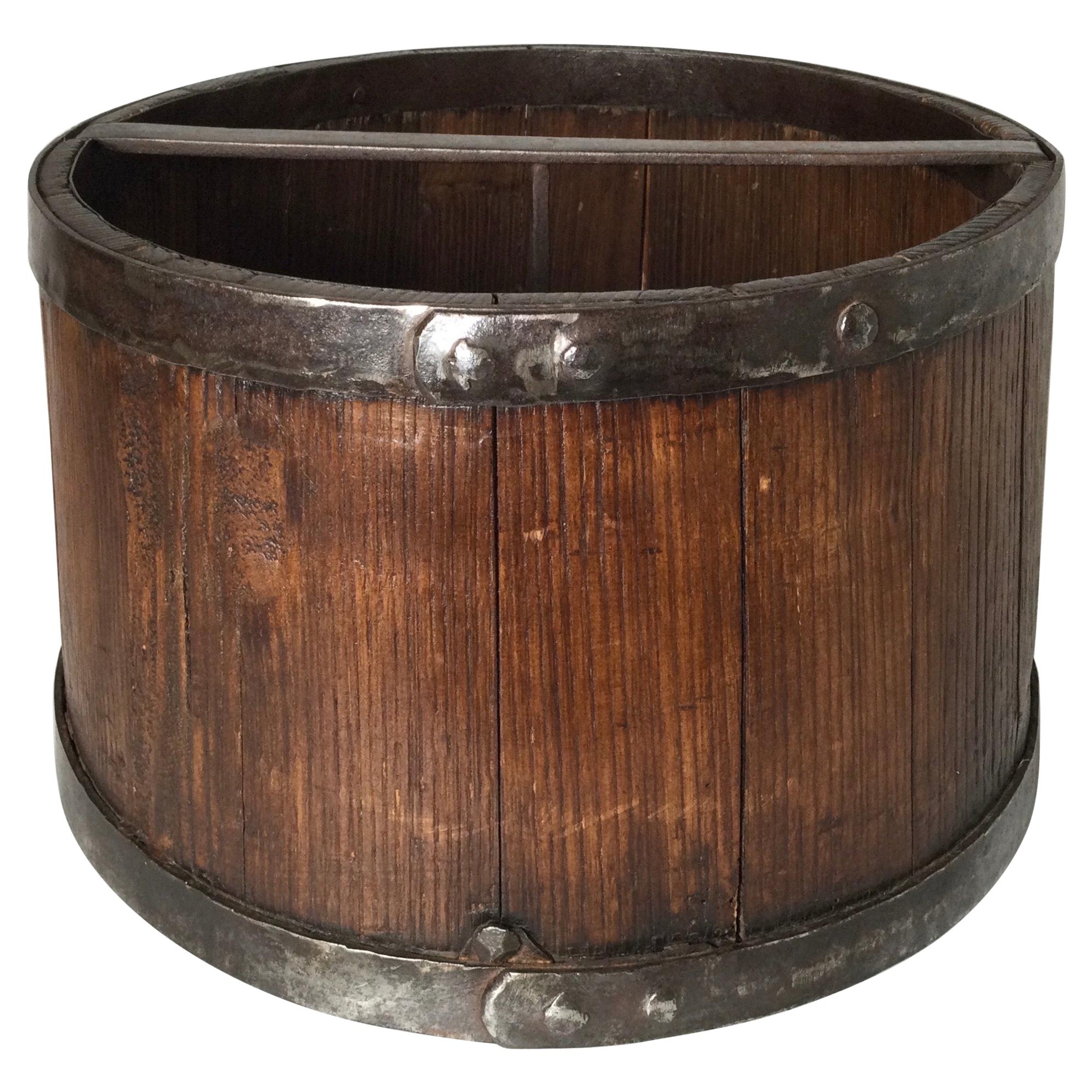 Large Rustic French Wood Grain Measurer Bucket, Pot