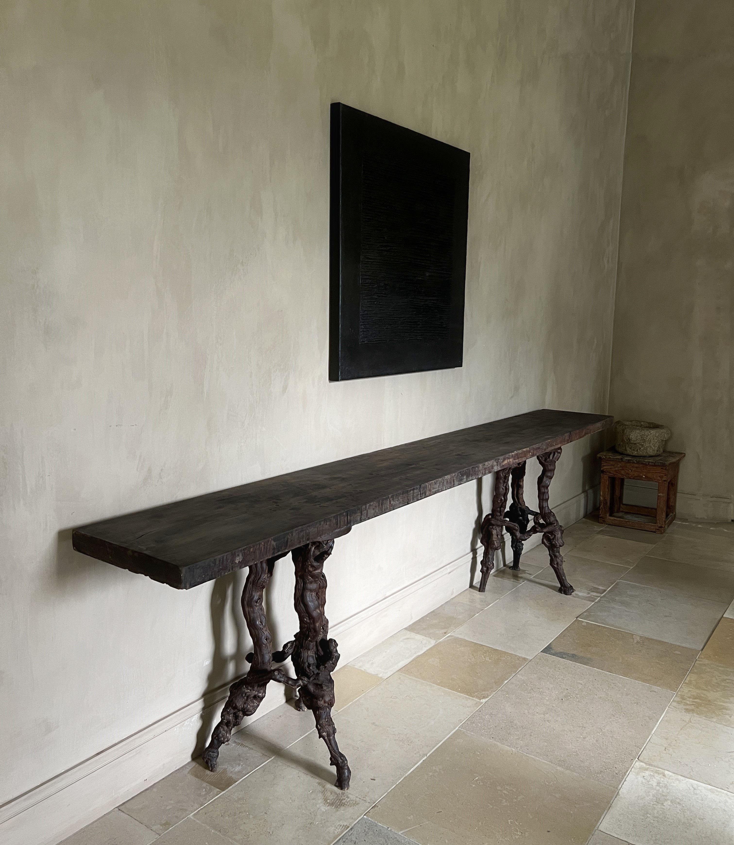 Hand-Crafted Large primitive organic Console Side Table with reclaimed Top and Bases